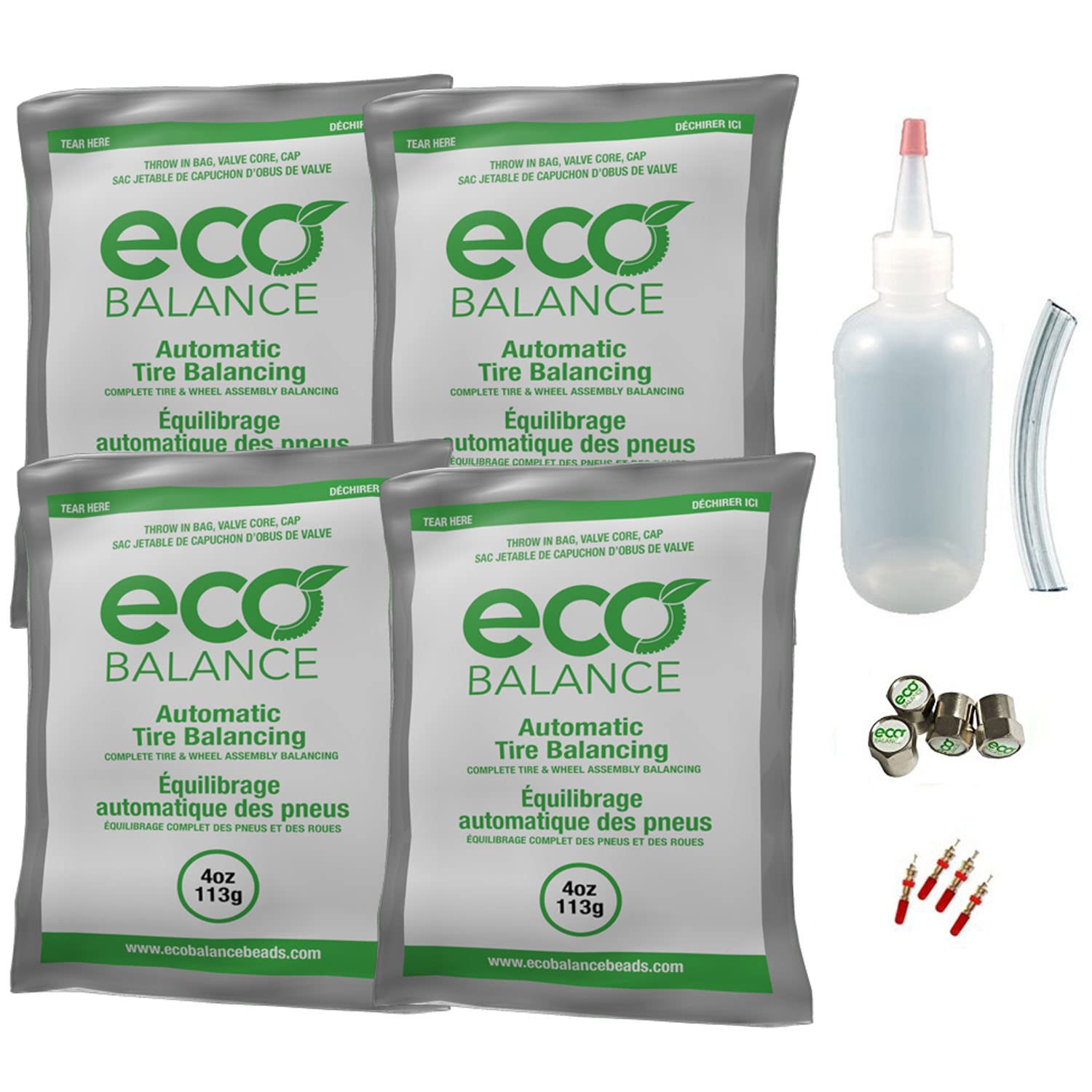 ECO Balance EDIY-4 Tire/Wheel Do It Yourself Balancing Beads Kit - Automotive, SUV, Light Truck Tires, (4) 4oz DIY Bead Bags, (4) Valve Caps and Cores, (1) Core Remover, Injector Bottle