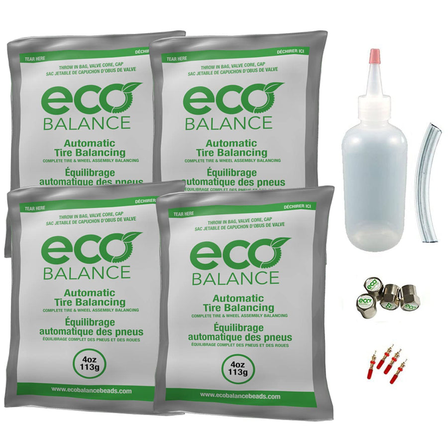 ECO Balance EDIY-4 Tire/Wheel Do It Yourself Balancing Beads Kit - Automotive, SUV, Light Truck Tires, (4) 4oz DIY Bead Bags, (4) Valve Caps and Cores, (1) Core Remover, Injector Bottle