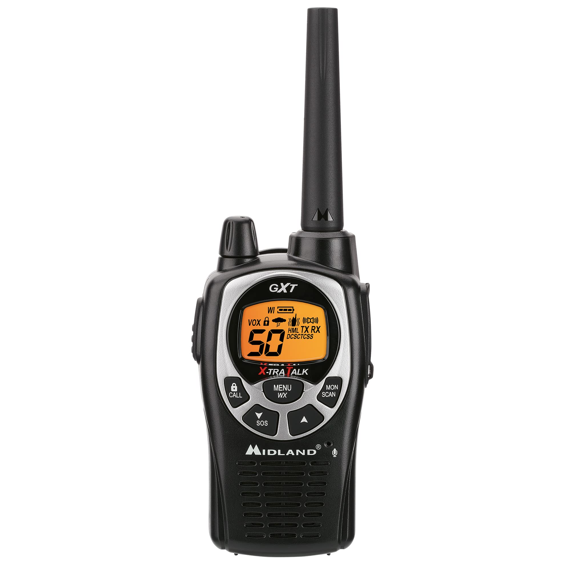 Midland Two-Way Radio 50 Channel GMRS - Long Range Walkie Talkie with 142 Privacy Codes, SOS Siren, and NOAA Weather Alerts and Weather Scan (Black/Silver, Pair Pack)