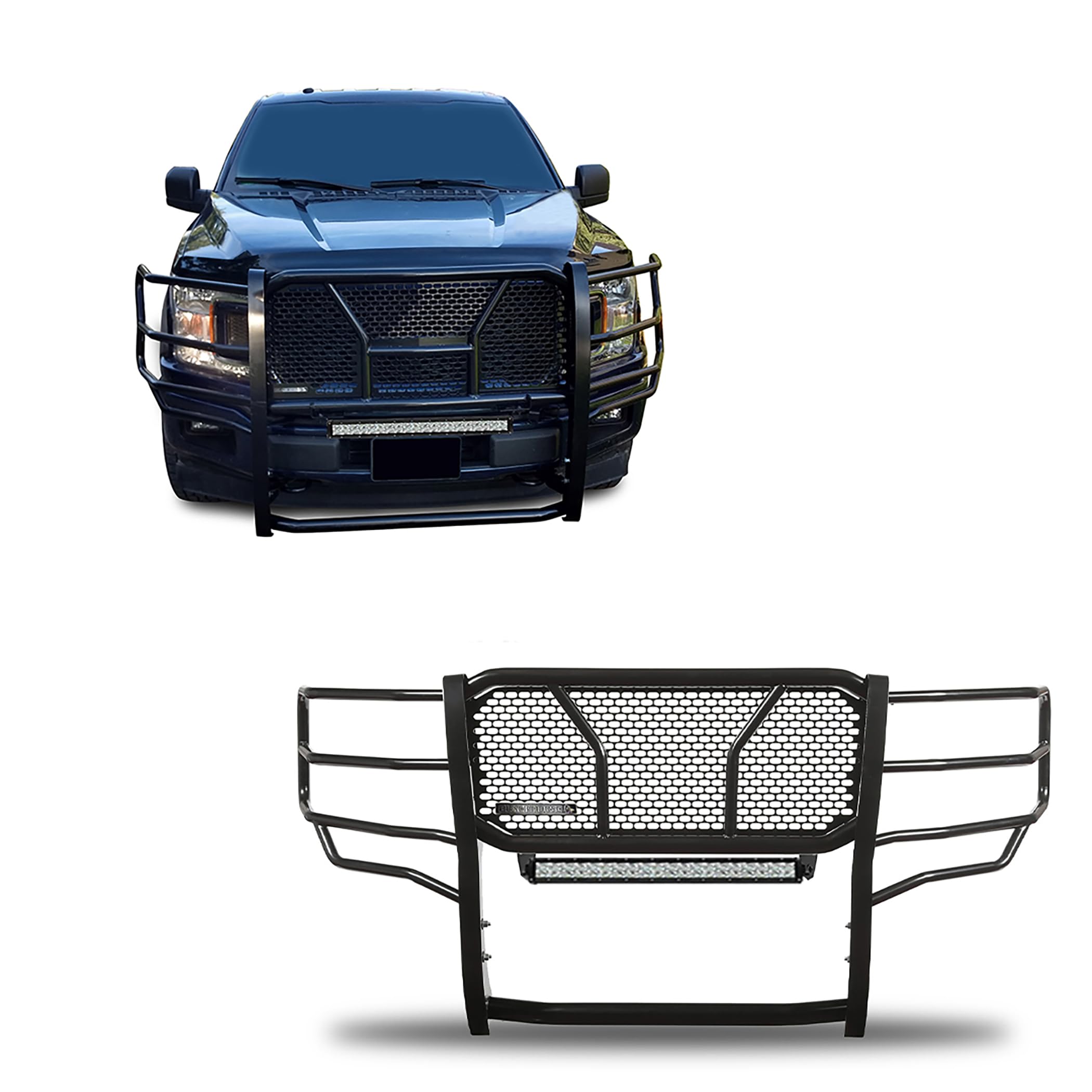 Heavy Duty Black Horse RUGGED Grille Brush Bumper Guard Modular Black Come with 20" Double Row LED Light Compatible with 2015-2020 Ford F-150-RU-FOF115-B-KIT