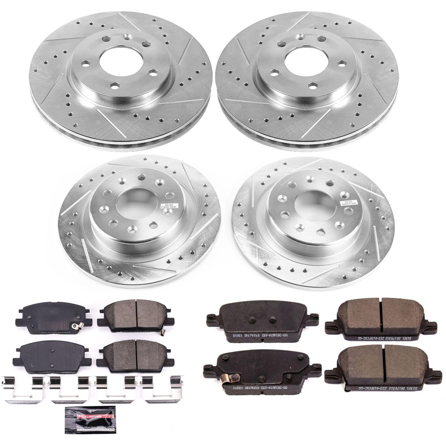 Power Stop K7567 Z23 Carbon Fiber Brake Pads Front and Rear with Drilled & Slotted Brake Rotors Kit For Chevrolet Malibu 2016-2020 [Model Specific]
