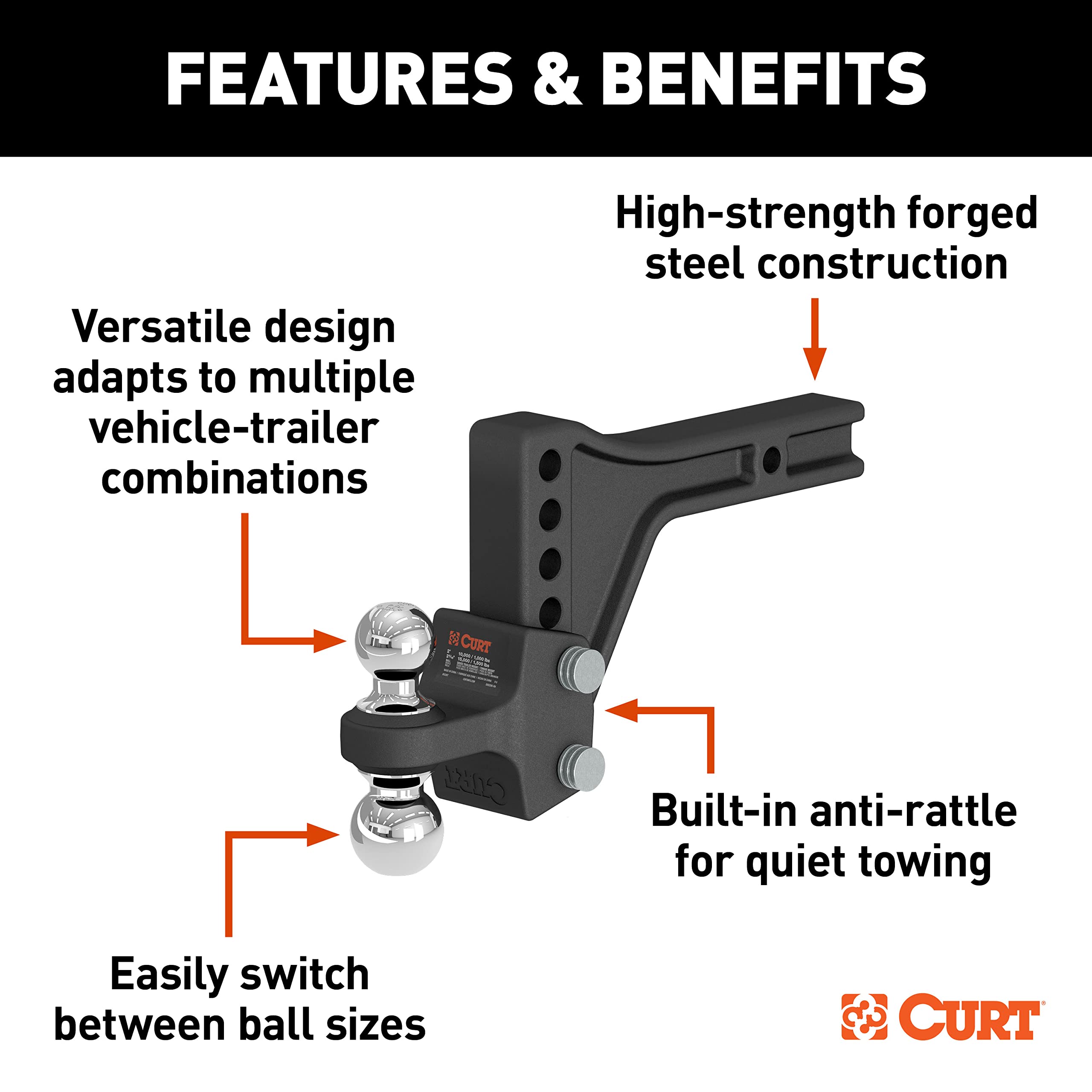 CURT Adjustable Trailer Hitch Ball Mount with Dual Ball, 2" Shank, Up to 15,000 lbs 45935