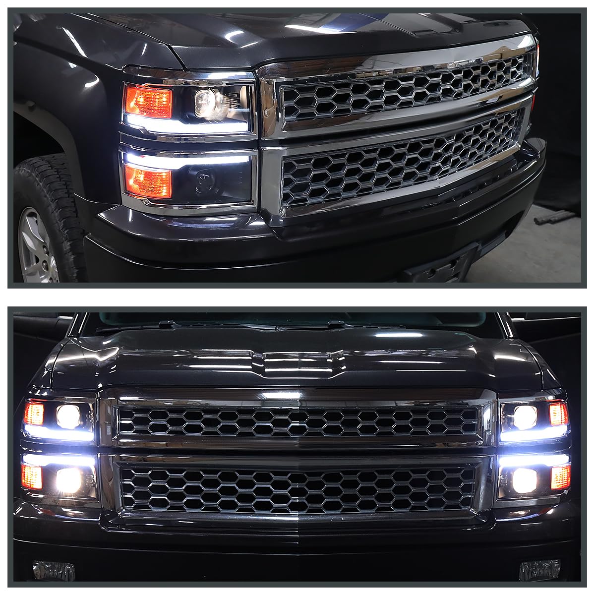 Black w/Silver Trim SPEC-D TUNING Projector Headlights w/Sequential Switchback LED Strip and Startup Animation Compatible with 2014-2015 Chevy Silverado 1500, Left + Right Pair Headlamps Assembly