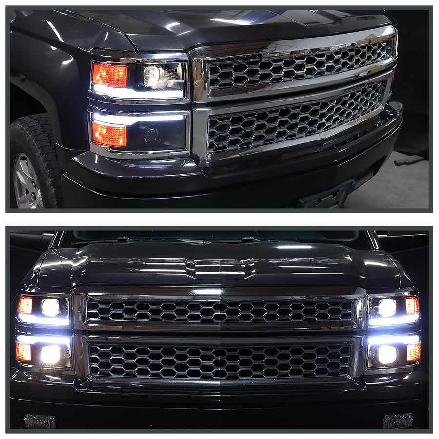 Black w/Silver Trim SPEC-D TUNING Projector Headlights w/Sequential Switchback LED Strip and Startup Animation Compatible with 2014-2015 Chevy Silverado 1500, Left + Right Pair Headlamps Assembly