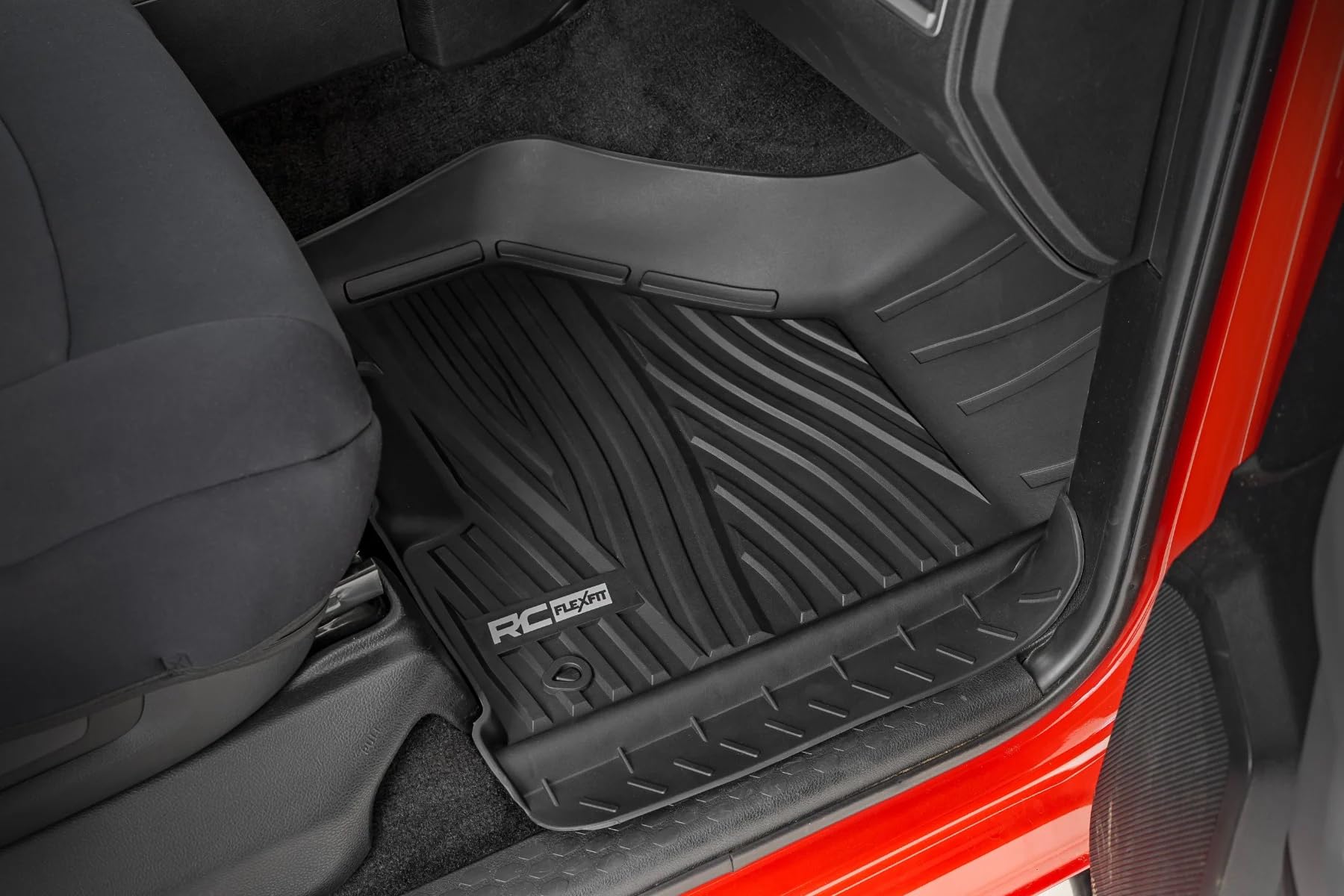 Flex-Fit Rough Country Floor Mats for Ram 1500 (2009-2018) Crew Cab - Front & Rear Set, Custom All-Weather Non-Slip TPE Liners with Spill Saver Lip
