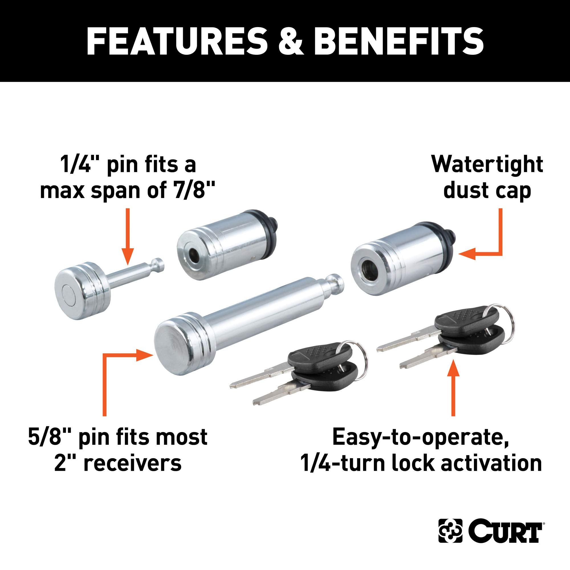 CURT Trailer Lock Set for 2-Inch Receiver, 7/8-Inch Coupler Latch Span 23526