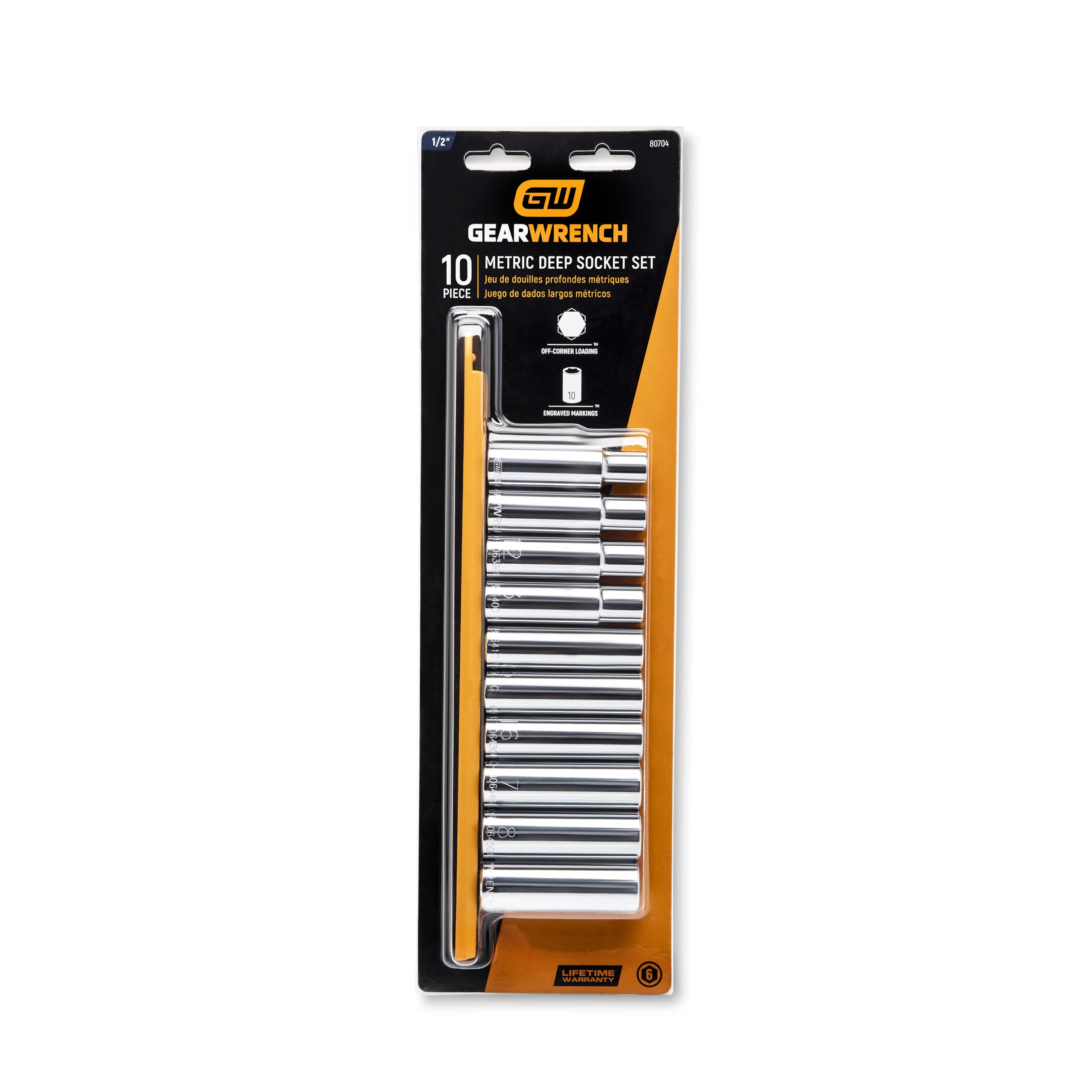 10 Pc. GEARWRENCH 1/2" Drive 6 Pt. Deep Socket Set, Metric - 80704