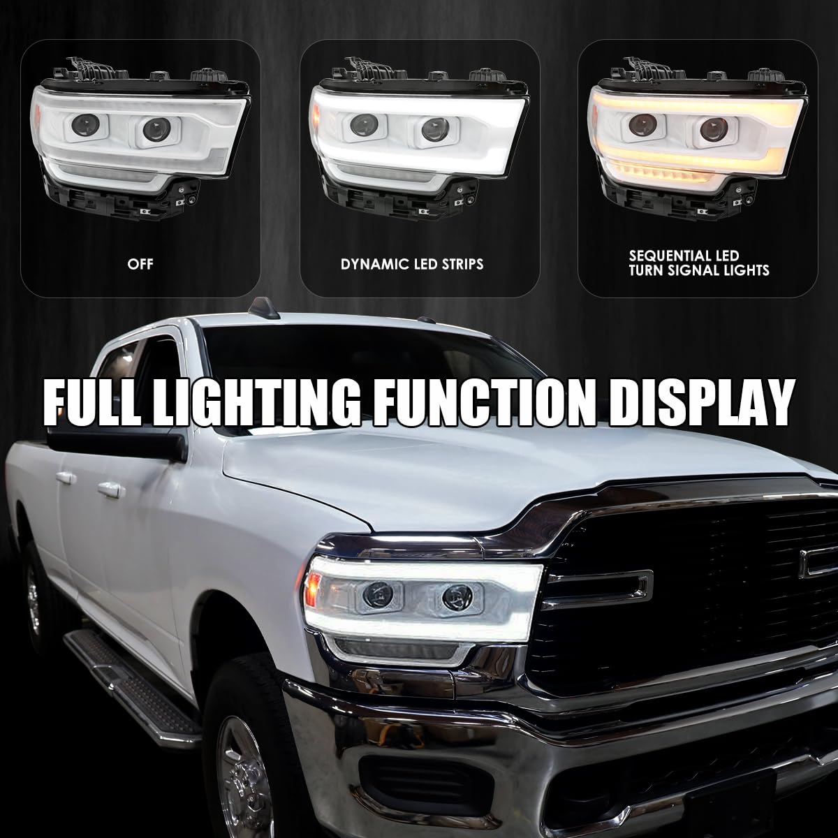 Special Edition SPEC-D TUNING Arctic White Dual Projector Headlights w/Sequential LED Turn Signal and Startup Animation Compatible with 2019-2024 Dodge Ram 2500, 3500, 4500, Left + Right Pair