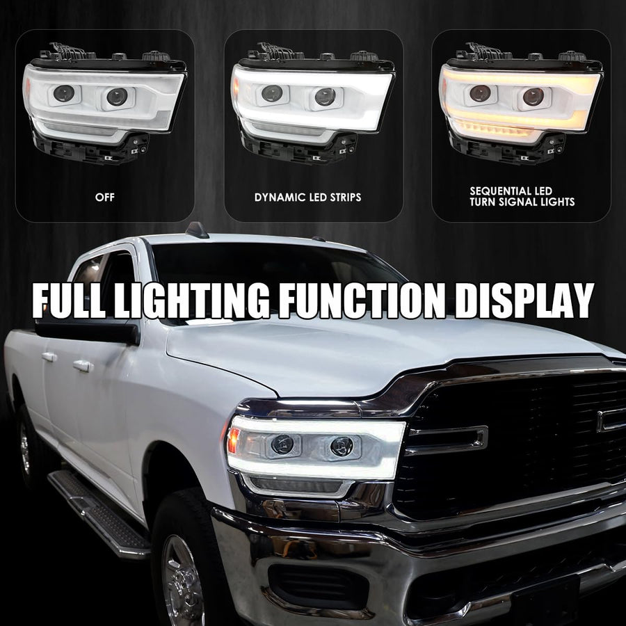 Special Edition SPEC-D TUNING Arctic White Dual Projector Headlights w/Sequential LED Turn Signal and Startup Animation Compatible with 2019-2024 Dodge Ram 2500, 3500, 4500, Left + Right Pair
