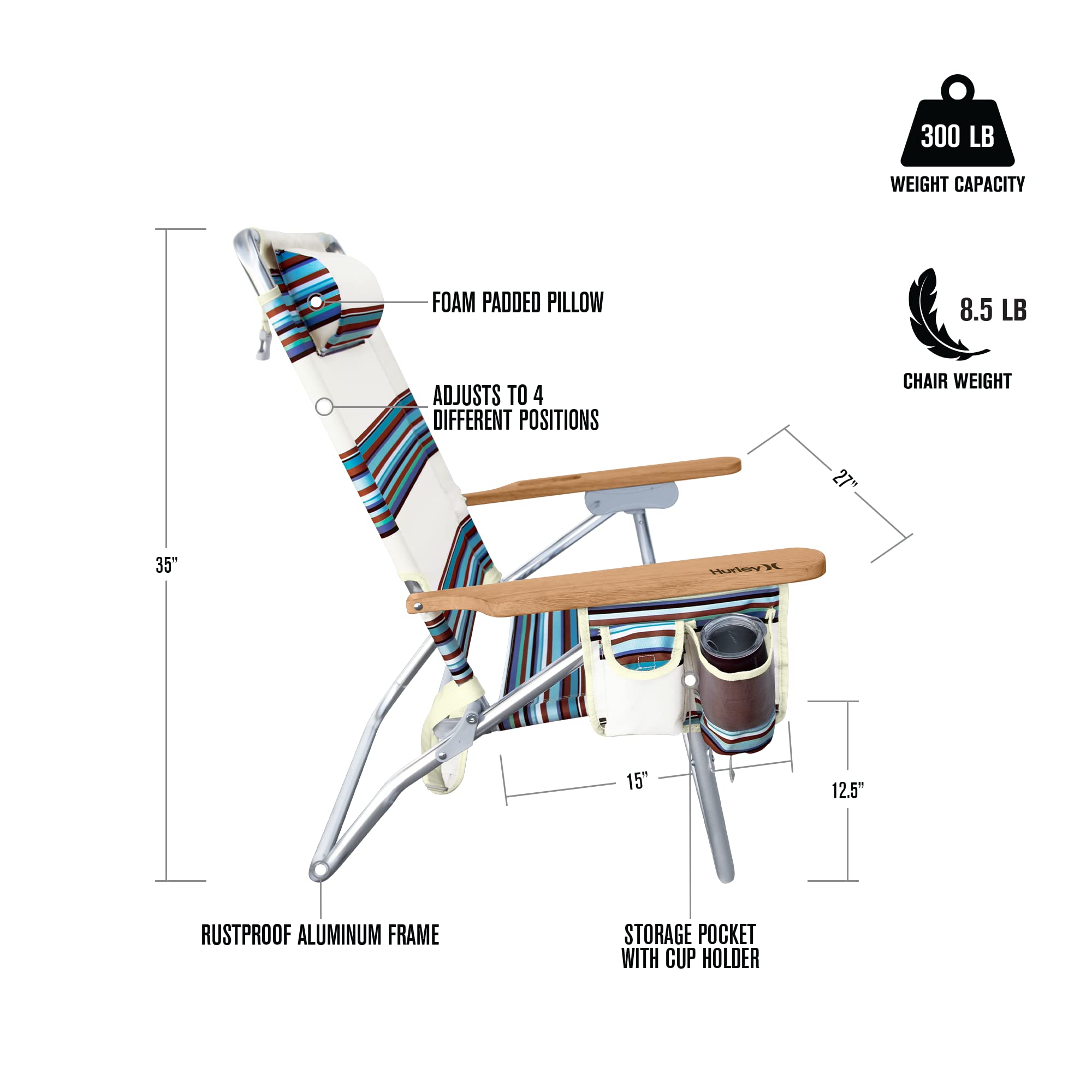 Hurley Beach Chair Mid-Height Wood Arm, One Size, Roman Stripe Bronzed Blue