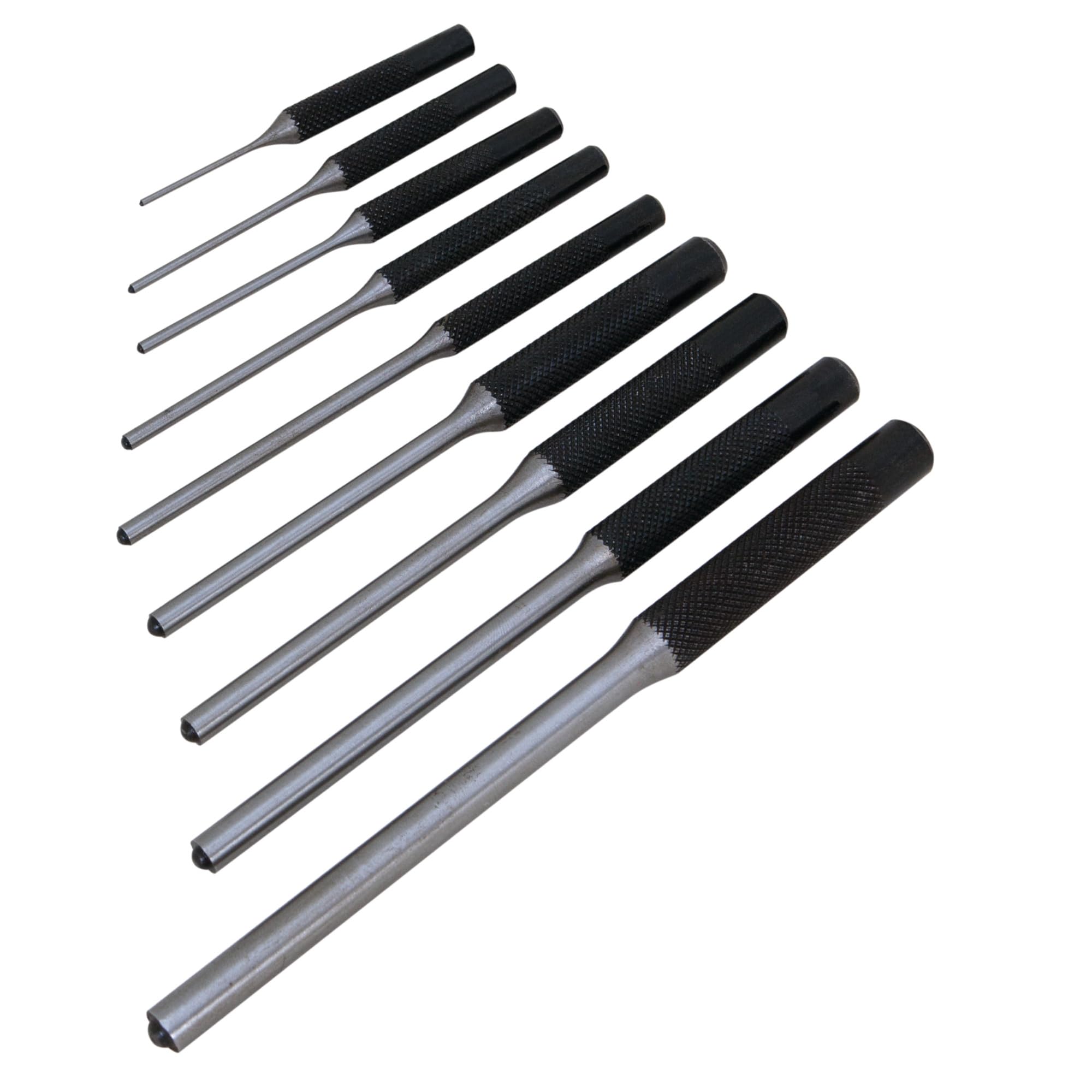 W7559 Performance Tool 9 Piece Roll Pin Punch Set with Storage Pouch - Heat Treated Steel, Knurled Grip, Reverse Taper Tip, Multiple Pin Sizes