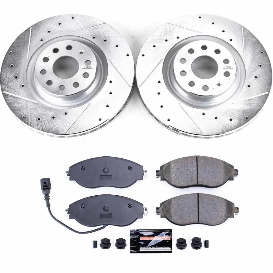 Power Stop K7175 Brake Kit Front Carbon Fiber Brake Pads with Drilled and Slotted Rotors For Audi Q3 S3 | VW Volkswagen Arteon CC Golf R GTI Jetta Tiguan [Application Specific]