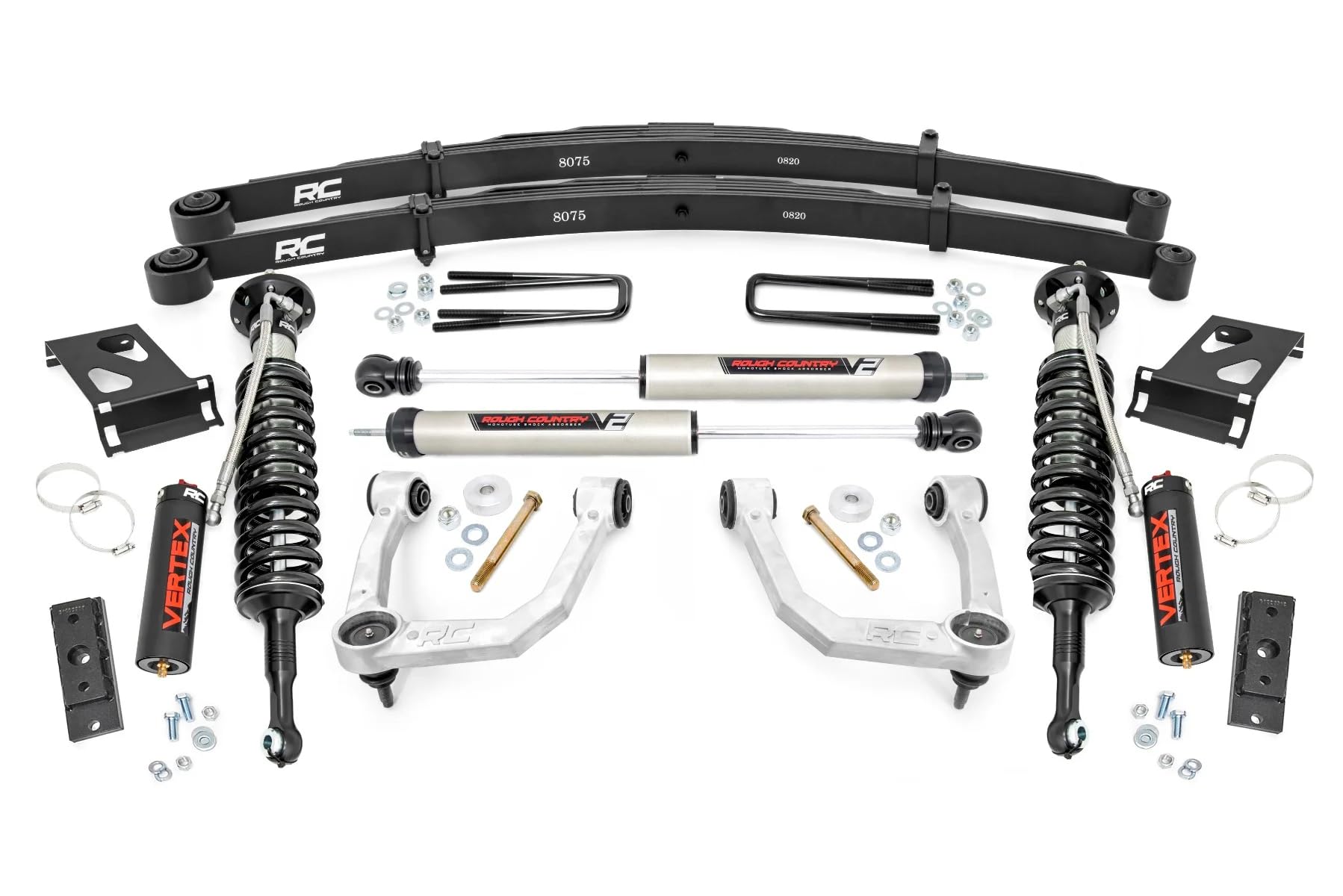 3.5" Rough Country Bolt-On Lift Kit with Vertex Coilovers/V2 Rear Shocks for Toyota Tacoma 4WD (2005-2023) - Lifted Leaf Springs, Silver Control Arms
