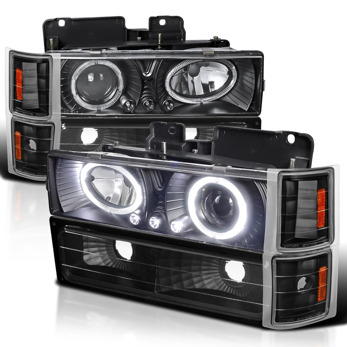 Black LED Halo Projector Headlights + Bumper Lights + Corner SPEC-D TUNING Compatible with 1994-1998 Chevy C10 C/K 1500/2500/3500, Tahoe Suburban Left + Right Pair Headlamps Assembly