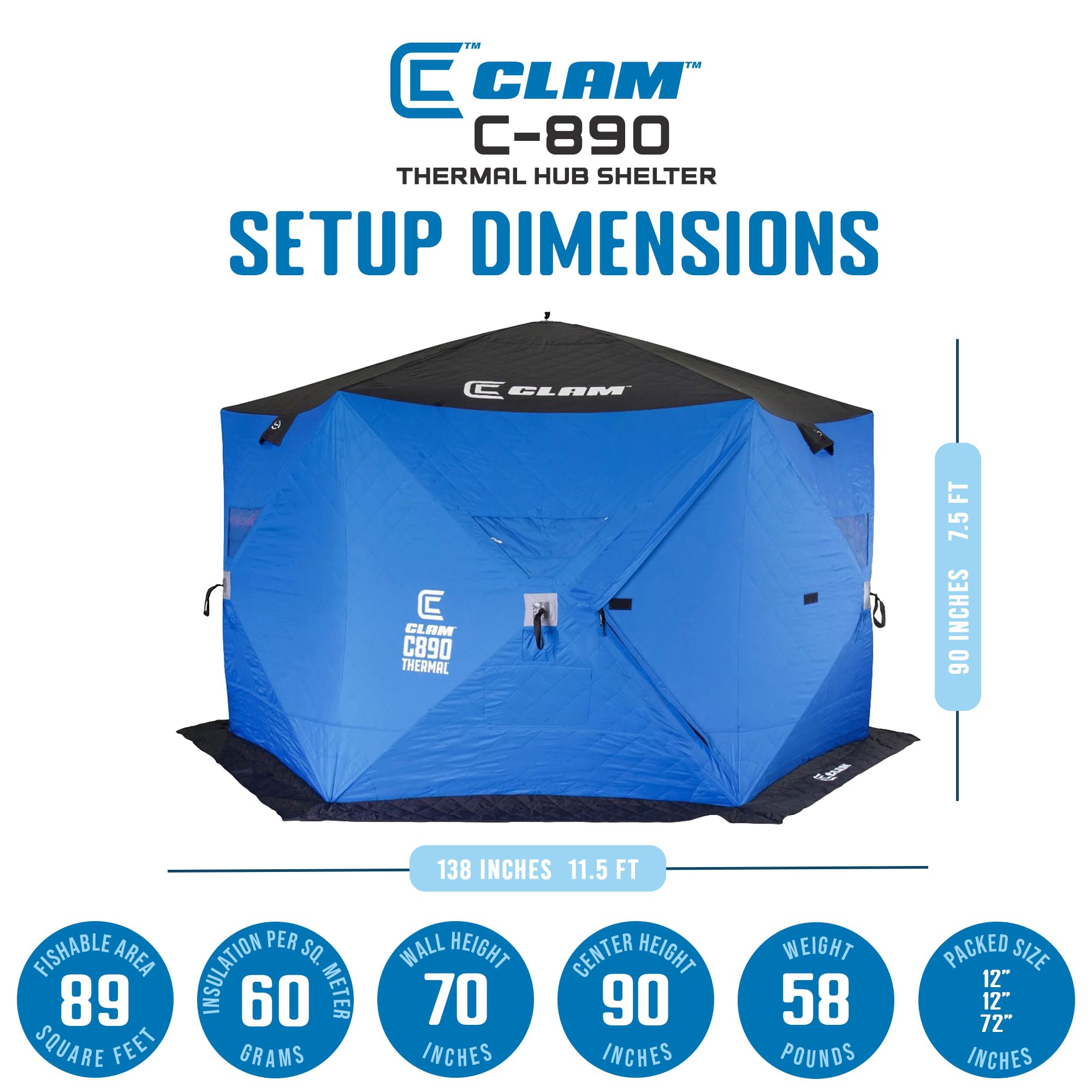 Portable CLAM C-890 Ice Fishing Tent - 11.5x11.5 ft Thermal Hub Shelter with Easy Setup Anchors, Durable Tie Ropes & Carry Bag