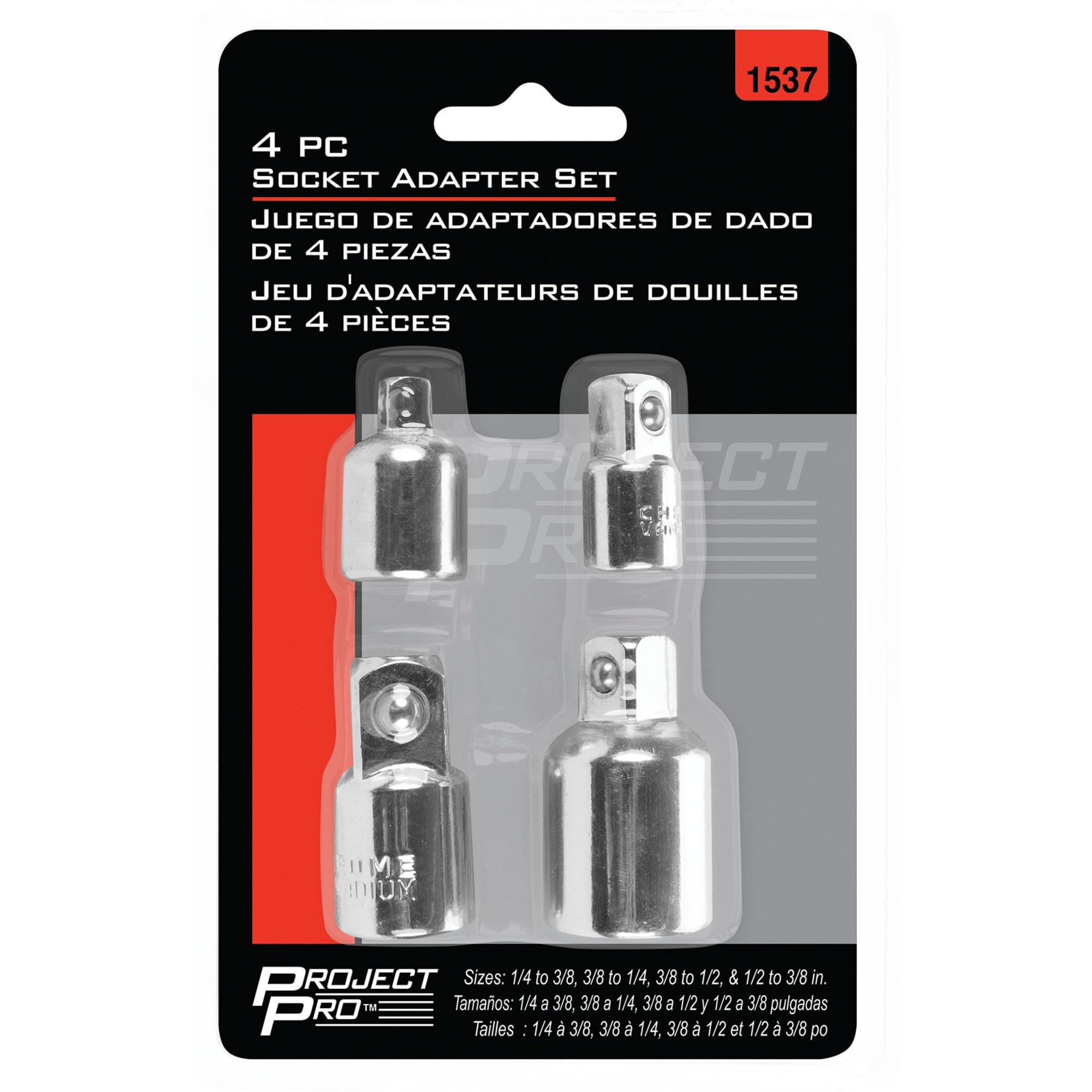 4 Pc. Performance Tool 1537 Socket Adapter Set - 1/4 to 3/8 in., 3/8 to 1/4 in., 3/8 to 1/2 in., and 1/2 to 3/8 in. Adapters, Drop-Forged Steel, Square Drive