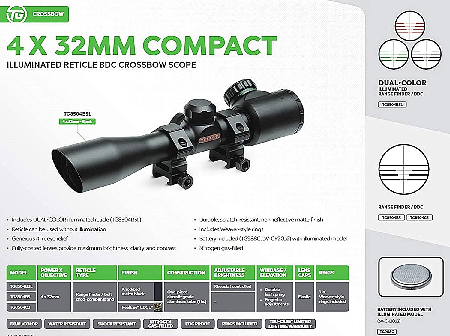 4x32mm TRUGLO Compact Crossbow Scope with Scope Rings Included| BDC / Rangefinder, Realtree APG