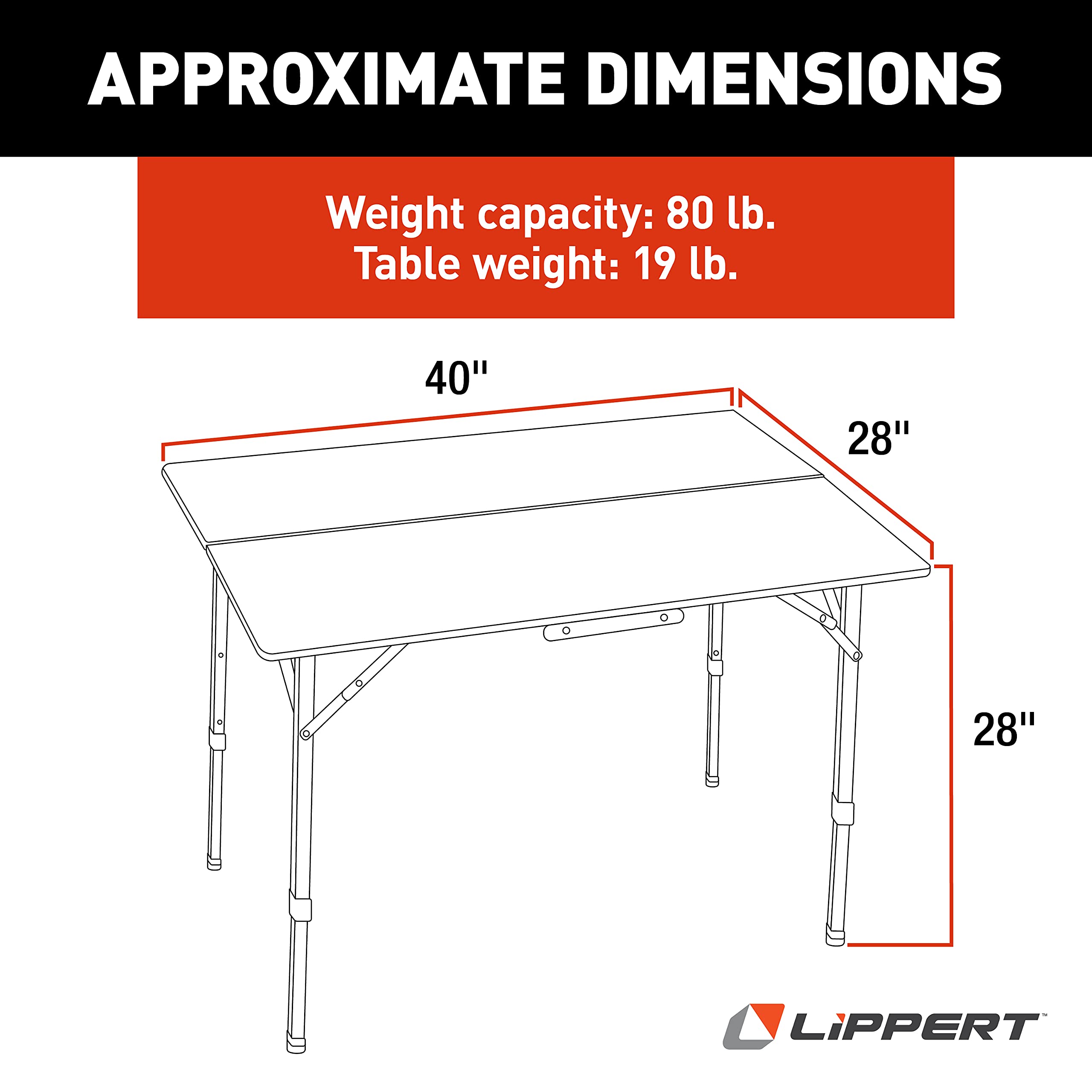 Lippert Adjustable Bi-Fold Bamboo Camp Table, 39-1/2" x 28-1/2" x 27-1/2" Tabletop, Smooth Wood Top, Adjusting Legs, 19 lbs. Portable Camping Surface - 2021011322, Brown