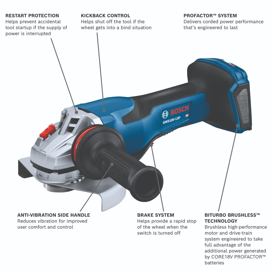 Bosch GWS18V-13PN 18V PROFACTOR™ 5 – 6 In. Angle Grinder with No Lock-On Paddle Switch (Bare Tool)