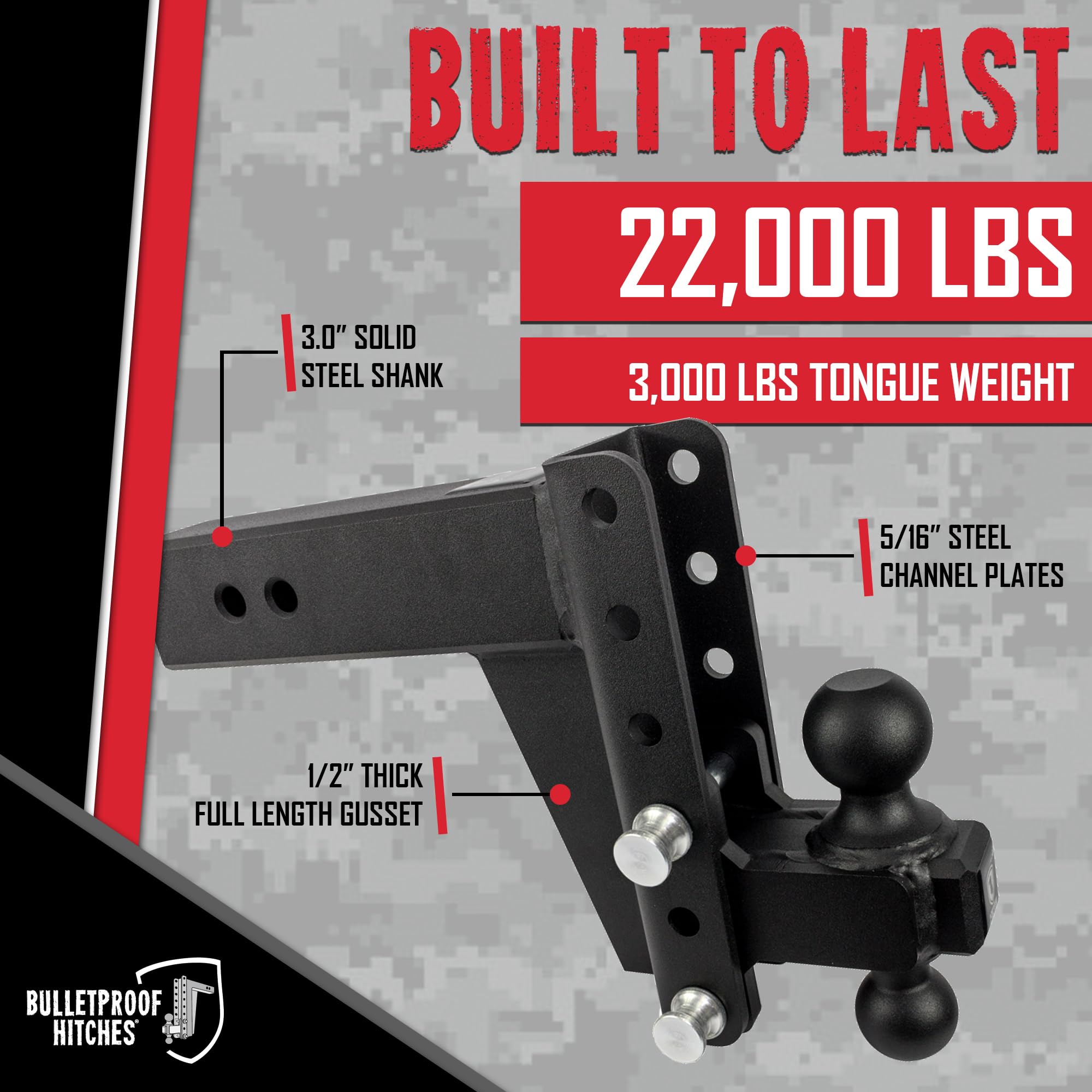 3.0" Adjustable Heavy Duty Trailer Hitch - BulletProof Hitches (22,000 lb. Rating) - 6" Drop/Rise Trailer Hitch with 2" & 2-5/16" Dual Ball - Powder Coat, Solid Steel, Corrosion-Resistant
