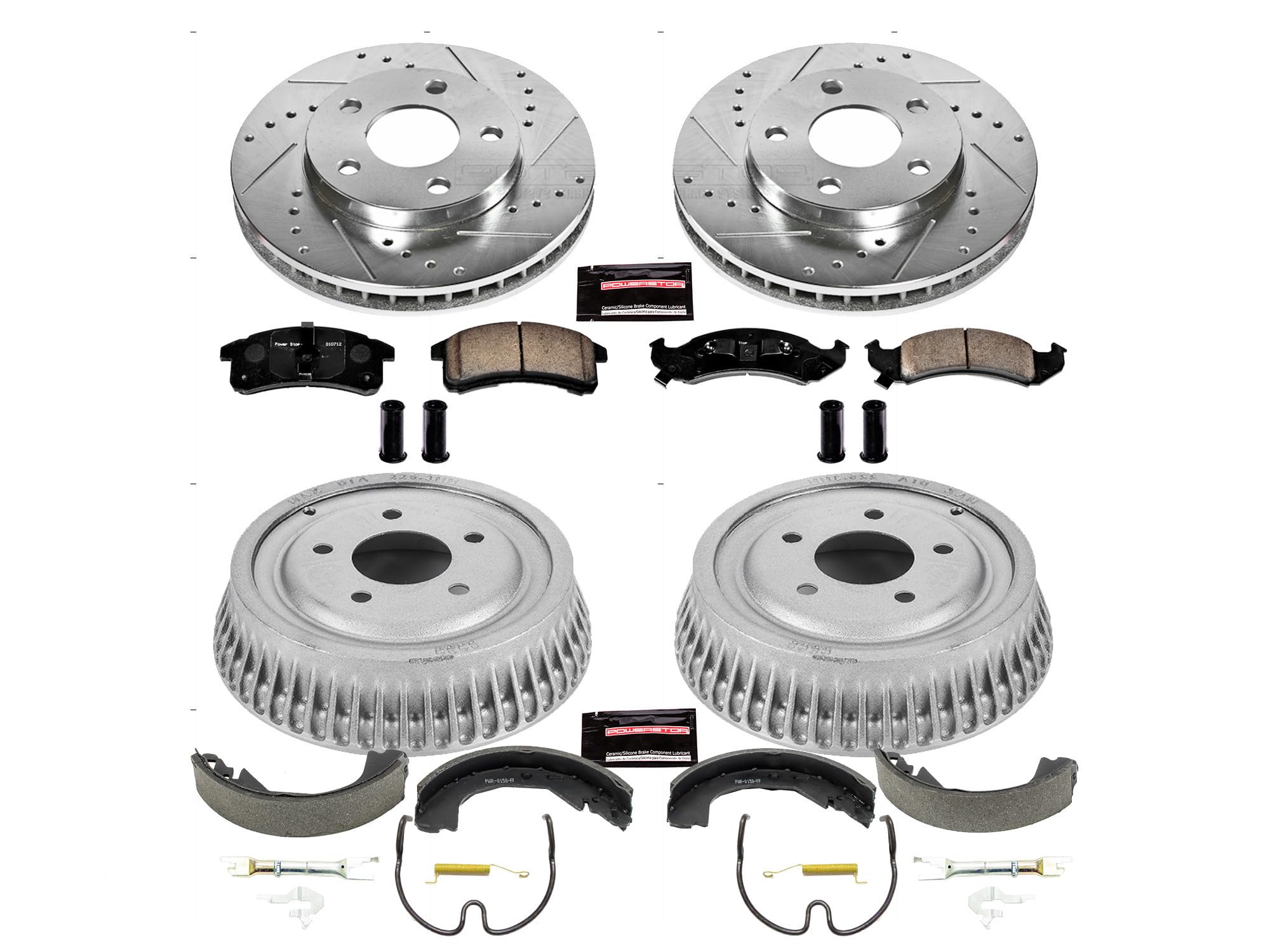 Power Stop K15123DK Z23 Carbon Fiber Brake Pads Front and Rear with Drilled & Slotted Brake Drums Kit For Buick LeSabre, Chevy Lumina APV, Oldsmobile Silhouette, Pontiac Trans Sport [Model Specific]