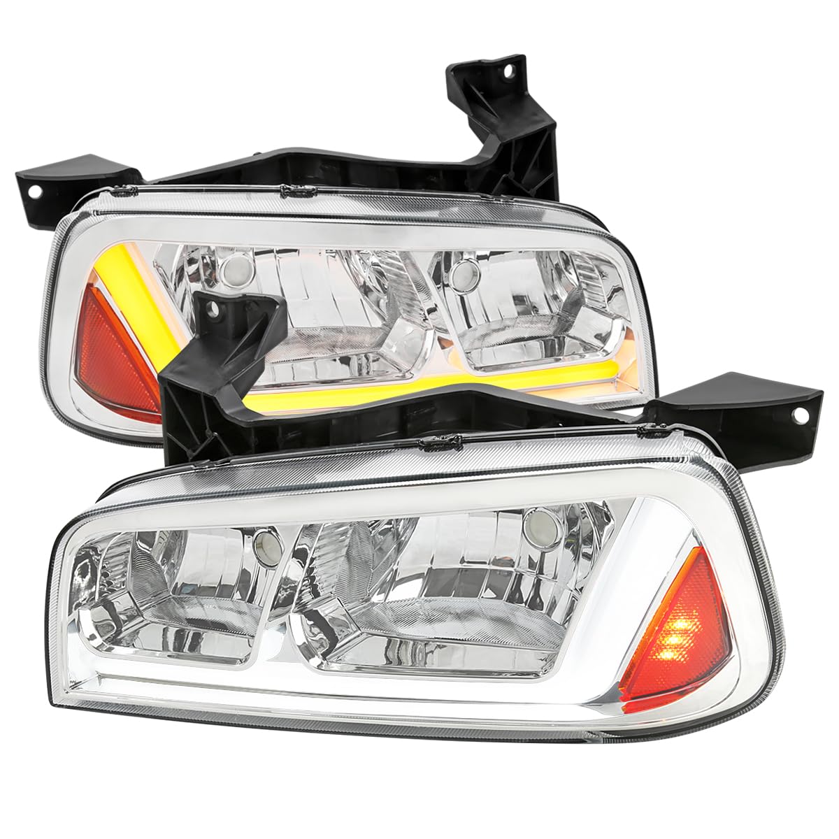 Chrome Headlights SPEC-D TUNING w/Fiber Optic LED Strip and Turn Signal Light Compatible with 2006-2010 Dodge Charger 4Dr Sedan, Left + Right Pair Headlamp Assembly
