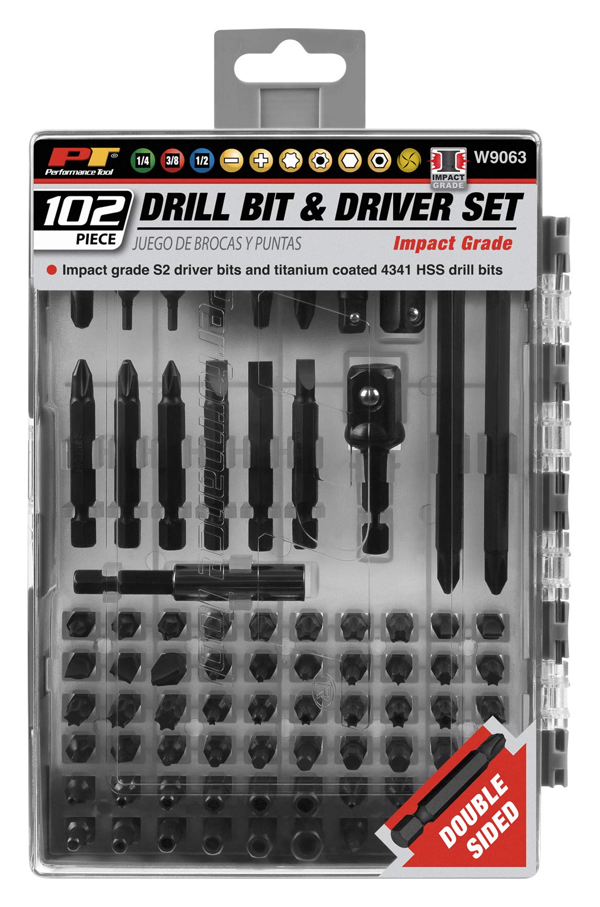 W9063 Performance Tool 78-Piece Impact Grade S2 Steel Fastener and Drill Bit Set with Magnetic Bit Holder and Storage Case
