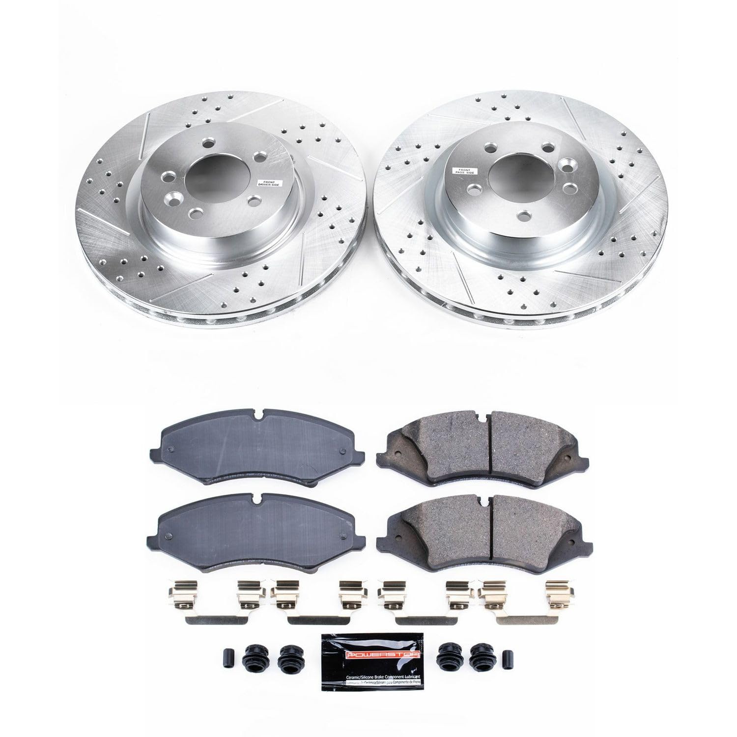 Power Stop K6719 Z23 Carbon Fiber Brake Pads Front with Drilled & Slotted Brake Rotors Kit For Land Rover LR4 2010 [Model Specific]