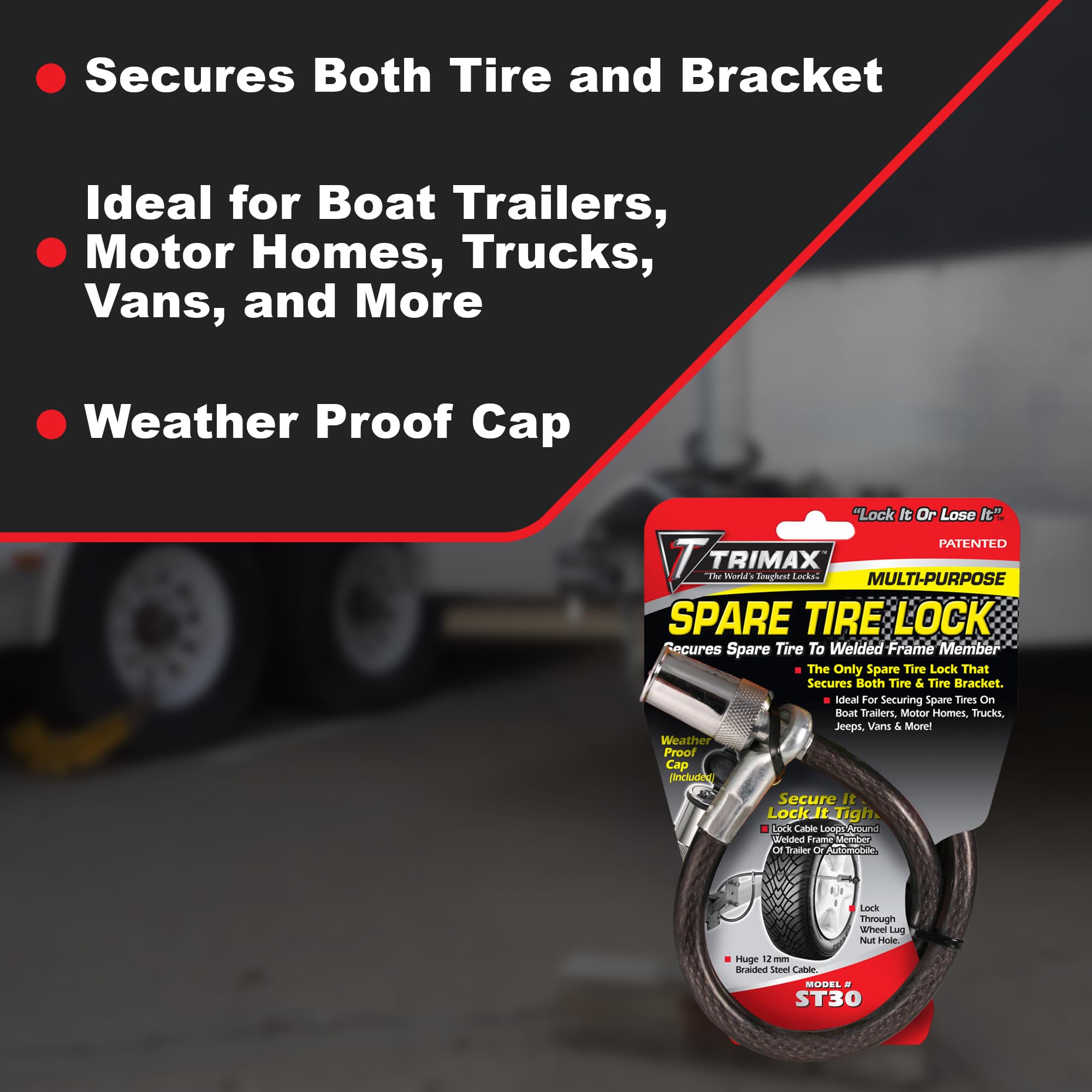 Trimax ST30 - Spare Tire Cable Lock Trimaflex (Round Key) for Boat Trailers, Motor Homes, Trucks, Jeeps, Vans, More - 36" x 12mm - Black/Chrome