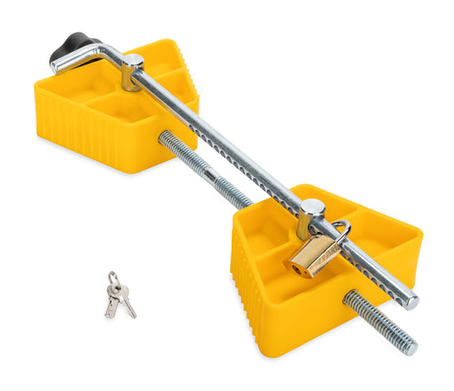 Camco RV Small Wheel Stop with Lock - Stabilizes Your Trailer - Compatible with Tires with a 26" to 30" Diameter & 1 ½" to 3 ½" Tire Spacing (44653), Yellow