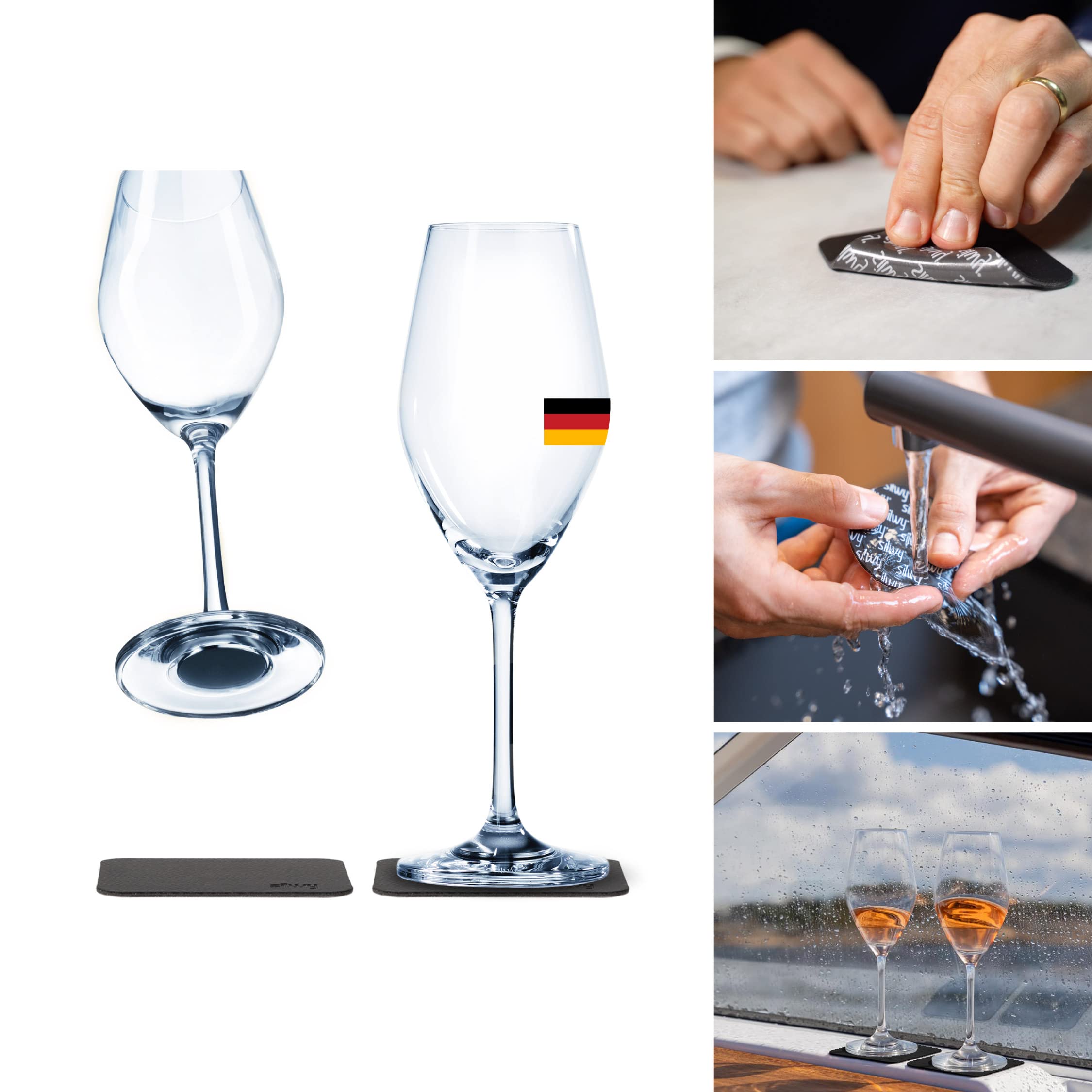 silwy® Magnetgläser, mit perfekt integrierten Magneten feine Kristallgläser und metallischen Nano-Gel-Untersetzern (Champagner // 0,2 Liter) COG: 14 / Price: 49,95