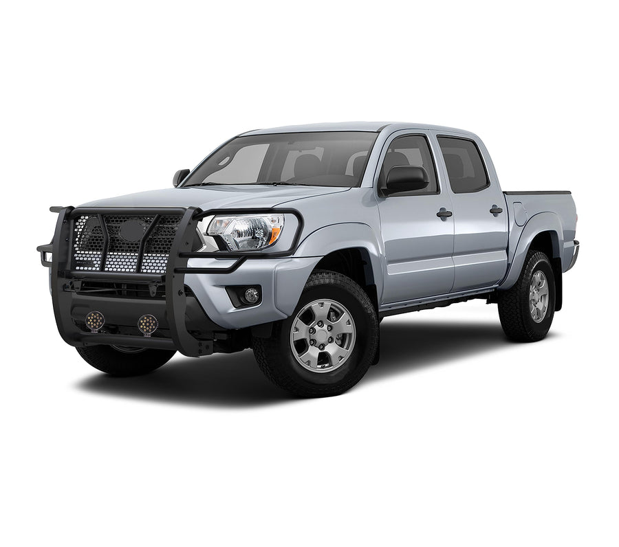 Heavy Duty Black Horse RUGGED Grille Brush Bumper Guard Modular Come With pair of 7.0"Dia.LED Lights with Black Trim Rings Compatible with 2005-2015 Toyota Tacoma-RU-TOTA05-B-PLB
