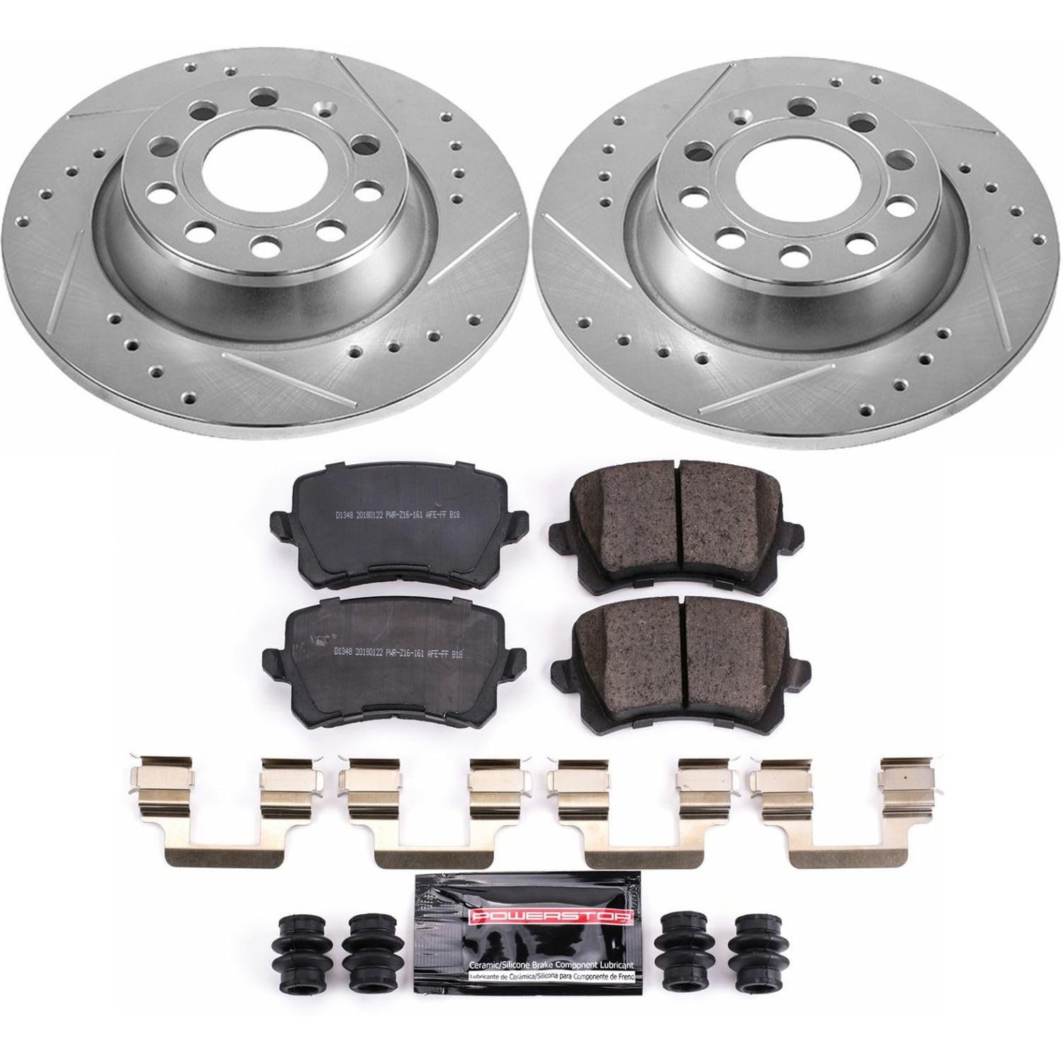 Power Stop K7324 Z23 Carbon Fiber Brake Pads Rear with Drilled & Slotted Brake Rotors Kit For Audi, Audi Q3 Quat, VW CC, VW Tiguan, VW Tiguan Limited [Model Specific]