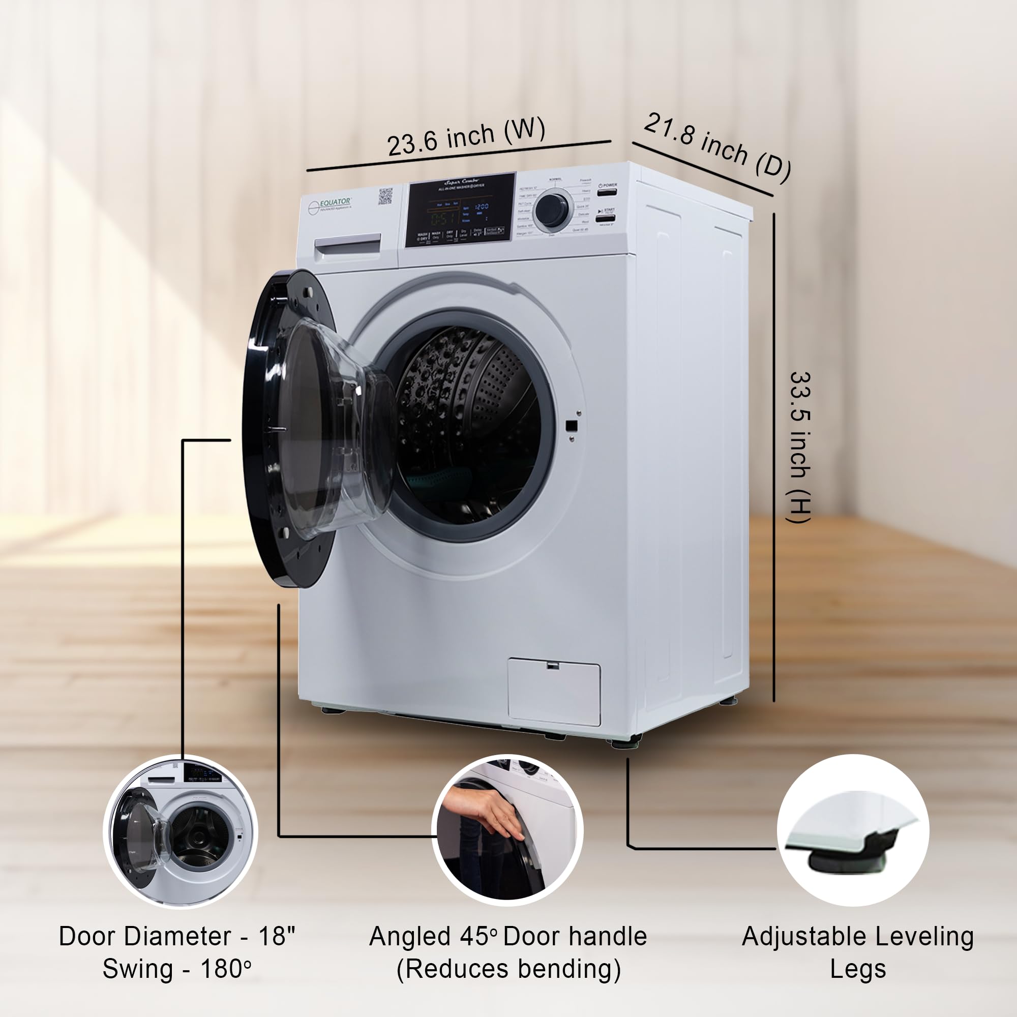 Equator VENTLESS/VENTED All-in-One Washer Dryer 1.62cf/15lbs 110V in Silver PET cycle