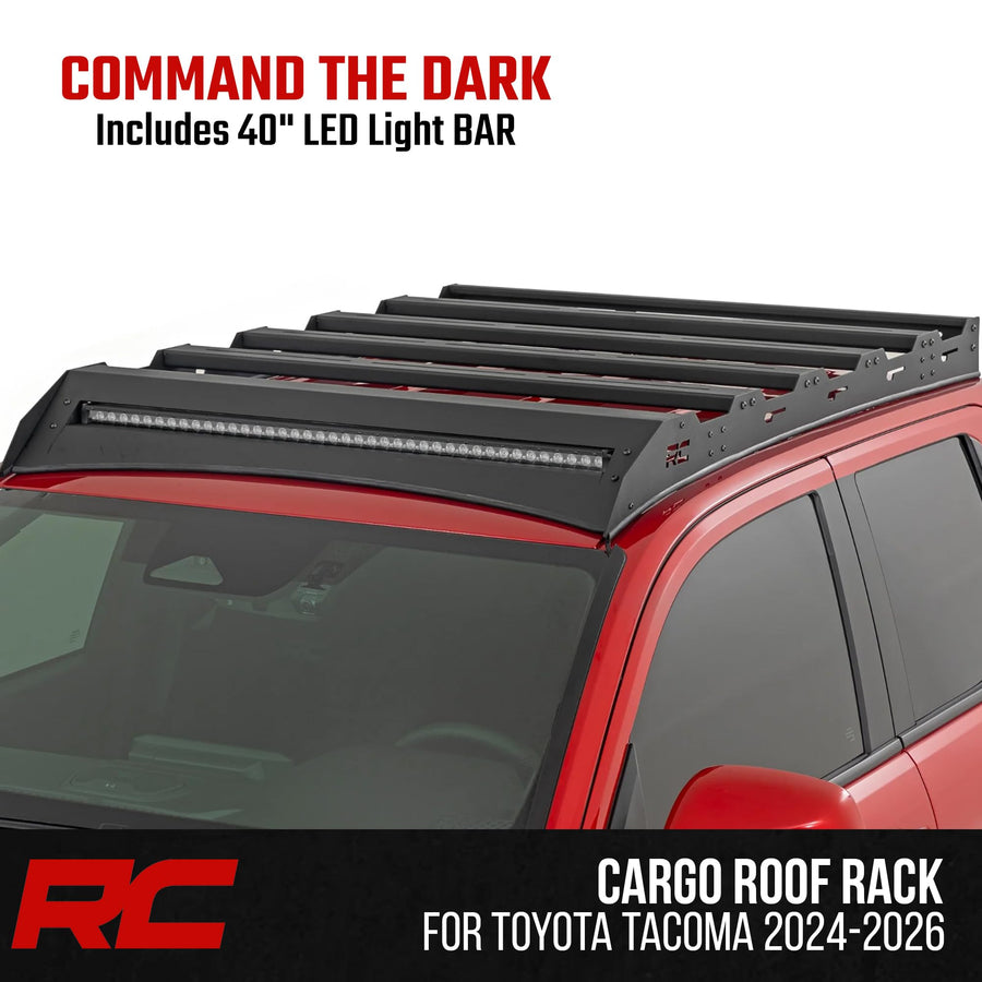 Roof Rack Rough Country with 40" LED Light Bar for Toyota Tacoma (2024–2025) - Heavy-Duty Cargo Rack with Slotted Cross Rails & 250 lb Capacity, No-Drill Bolt-On Installation