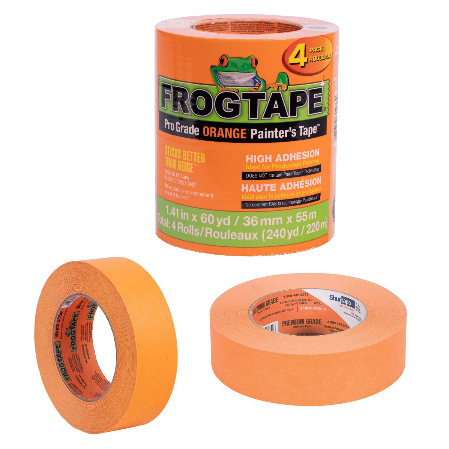 FrogTape Pro Grade Shurtape Painter's Tape, Orange, 1.41" x 60 Yards, 4-Pack