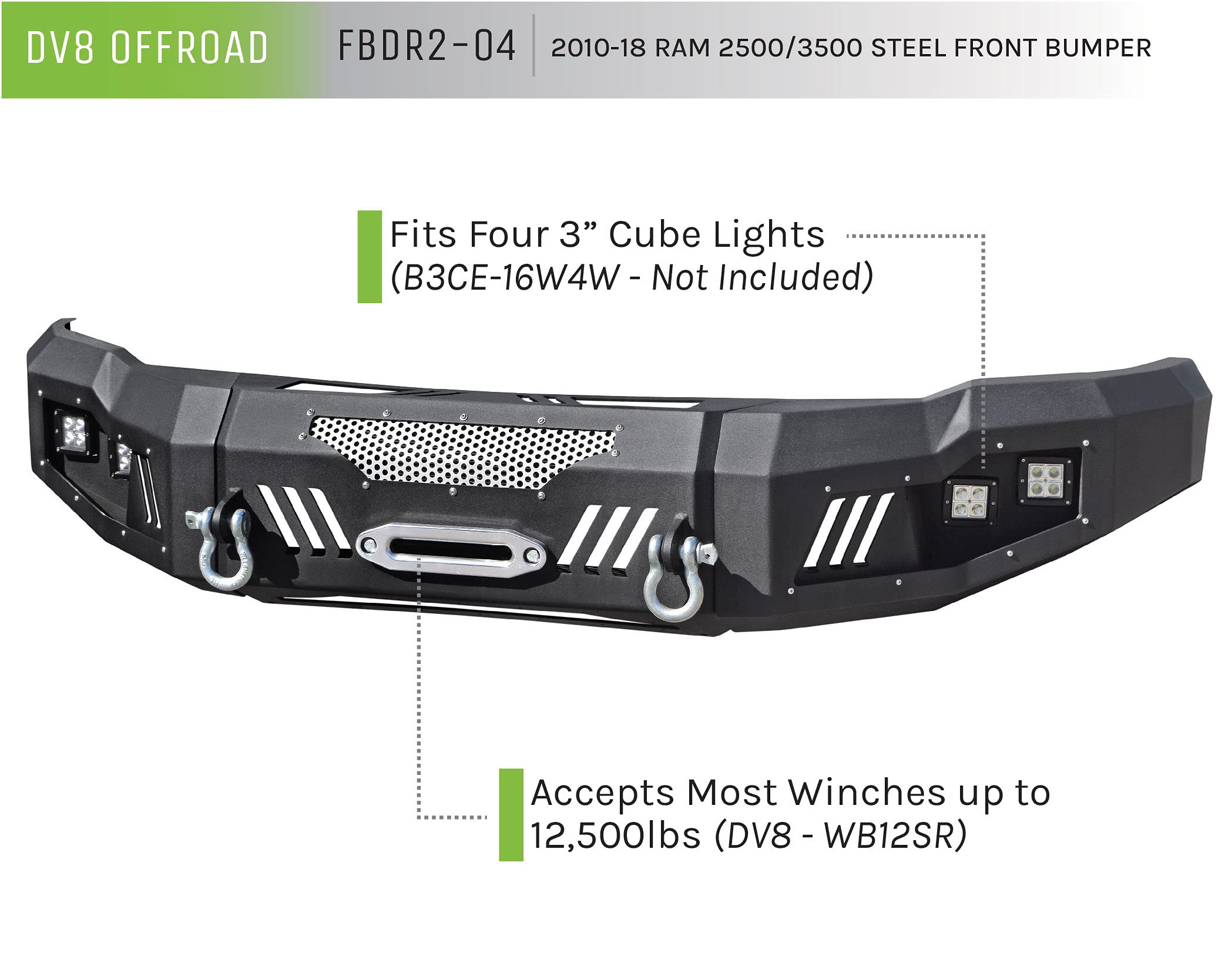 Front Bumper DV8 Offroad for 2010-2018 RAM 2500 & 3500 | Lighter than ordinary steel bumpers | Accommodates up to a 12,000 lb winch | 3-piece design