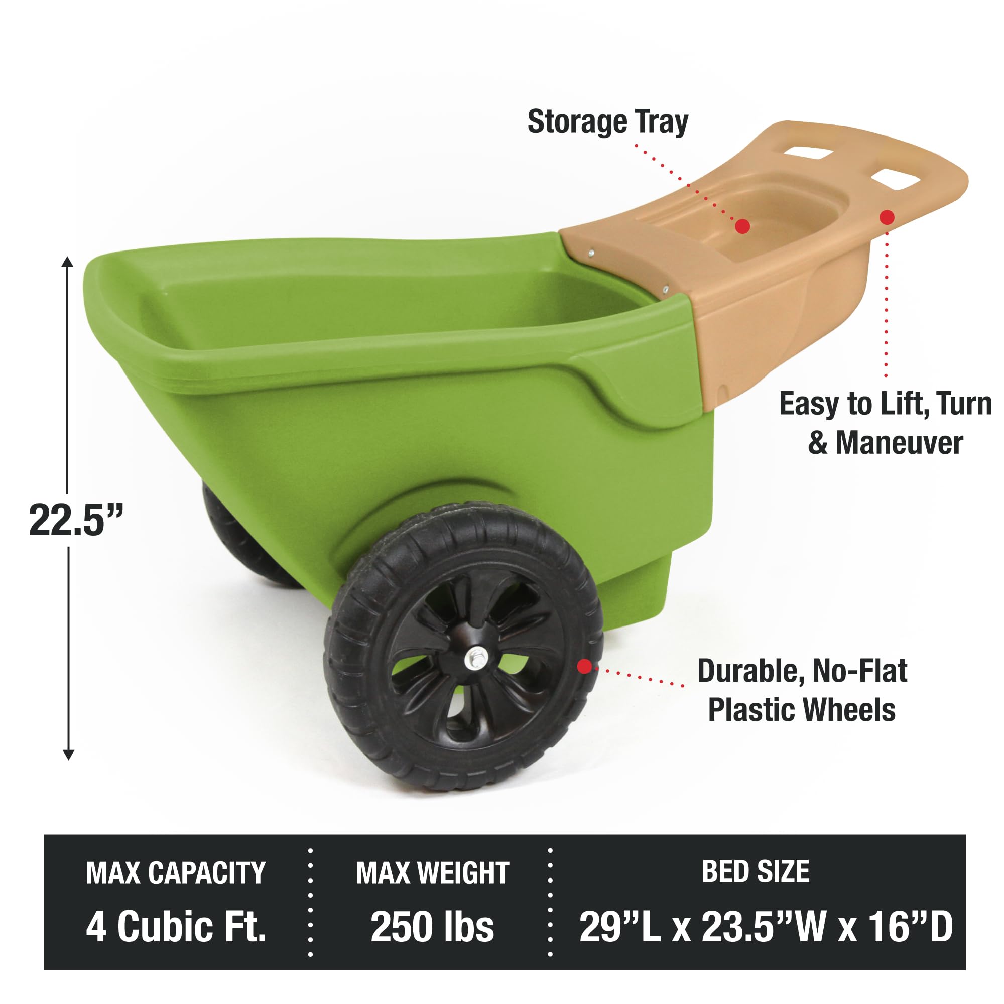 Simplay3 Wheelbarrow Easy Haul with Garden Tool Storage Tray, Durable Heavy-Duty Plastic with Large Easy Turn Wheels - Green, Made in USA