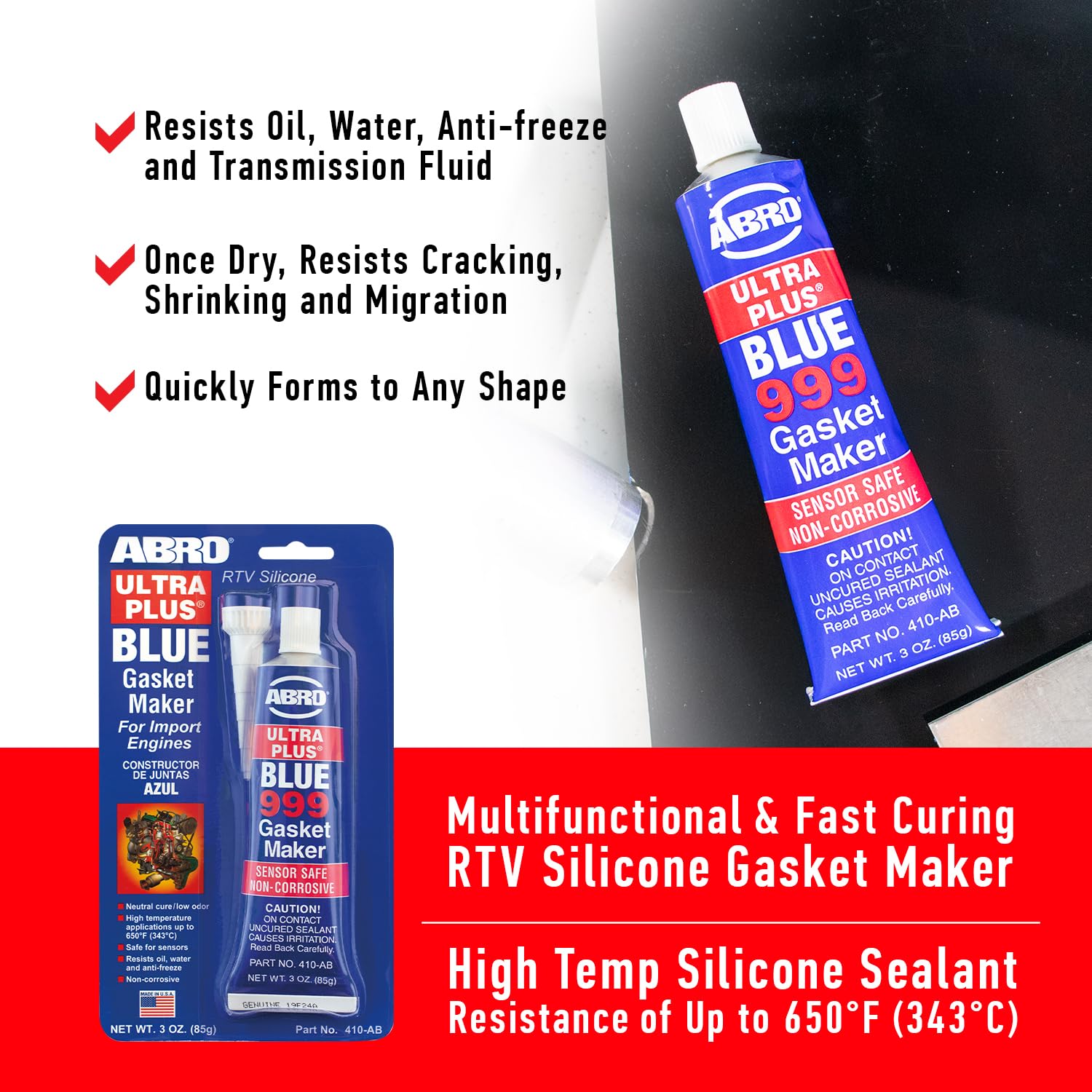 Ultra Plus ABRO 999 RTV Silicone Sealant and Gasket Maker, for Import Engines, Sensor Safe, Non-Corrosive, High Temp Head Gasket Sealer, 650 Degrees F, 3 oz. Tube - Blue