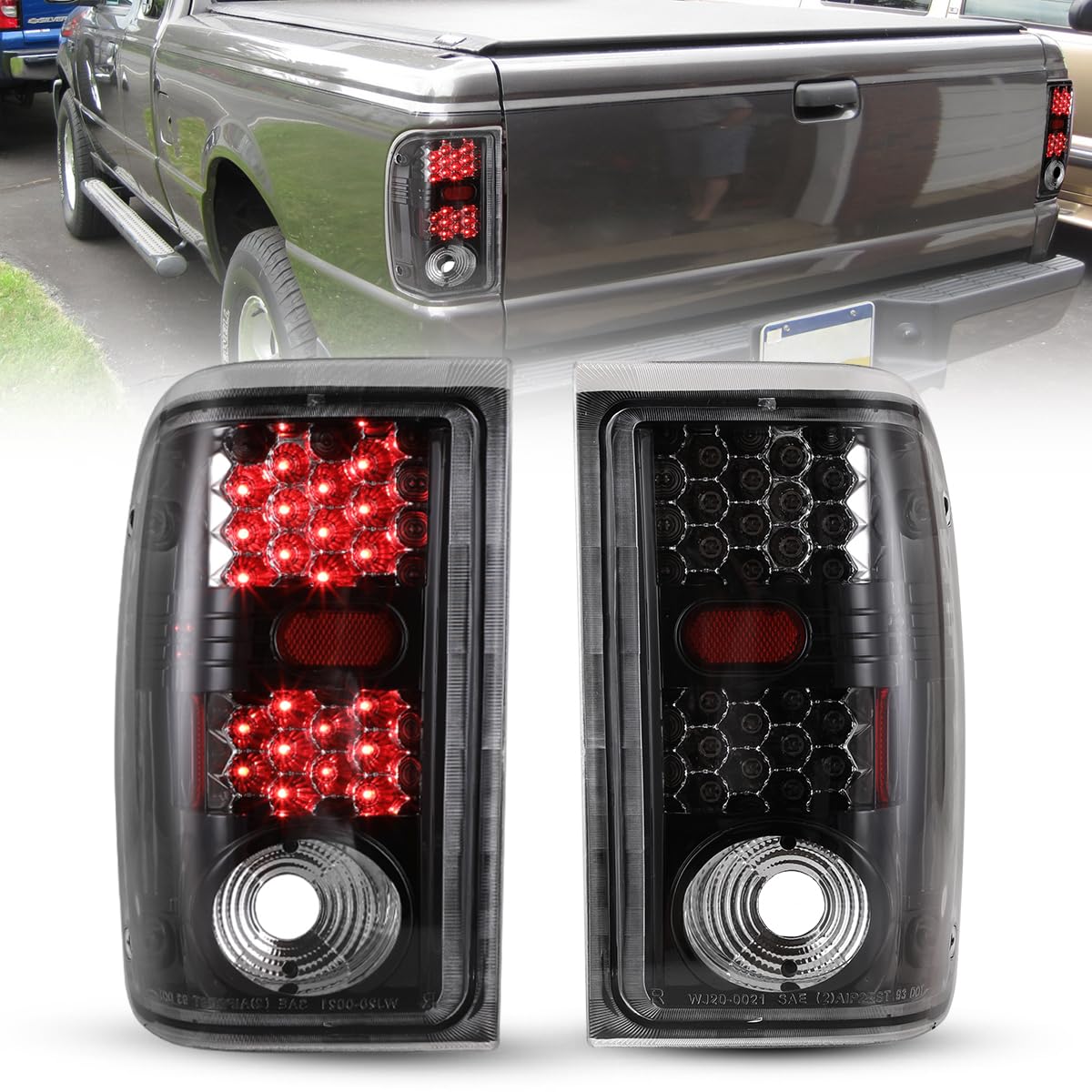 LED Tail Lights Assembly Winjet Fit For 2001 2002 2003 2004 2005 Ford Ranger, Taillights Replacement For Ford, Rear Lamps w/Turn Signal/Running/Brake/Reverse Light (Black Housing Clear Lens)