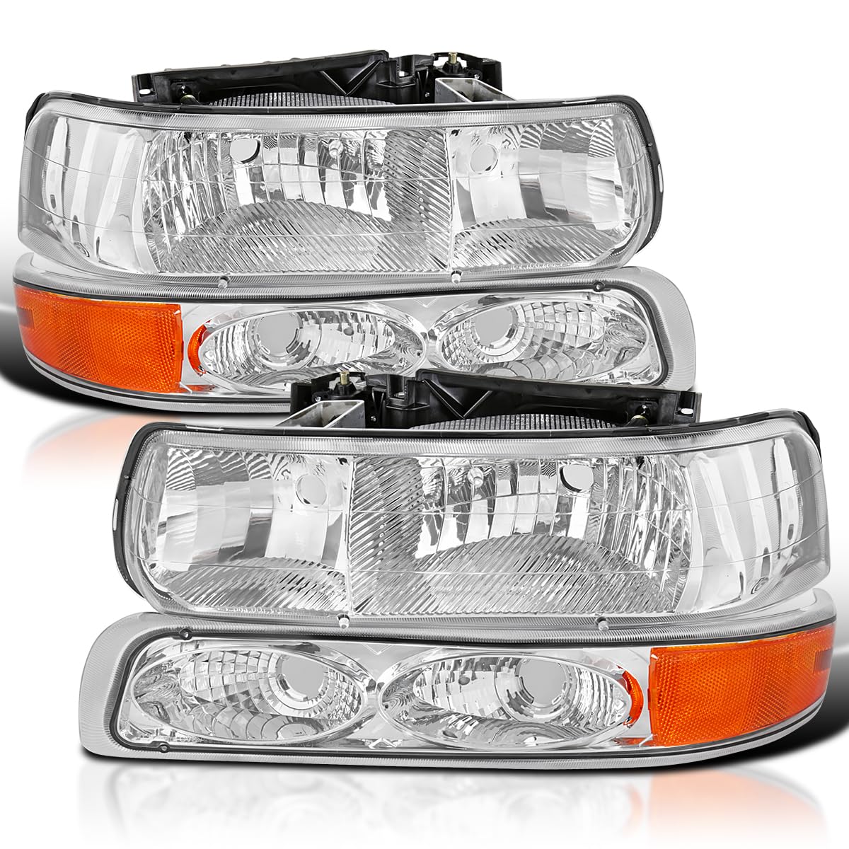 Chrome Headlights + Bumper Lights SPEC-D TUNING Compatible with 1999-2002 Chevy Silverado 2000-2006 Tahoe Suburban, Left + Right Pair Headlamps Assembly