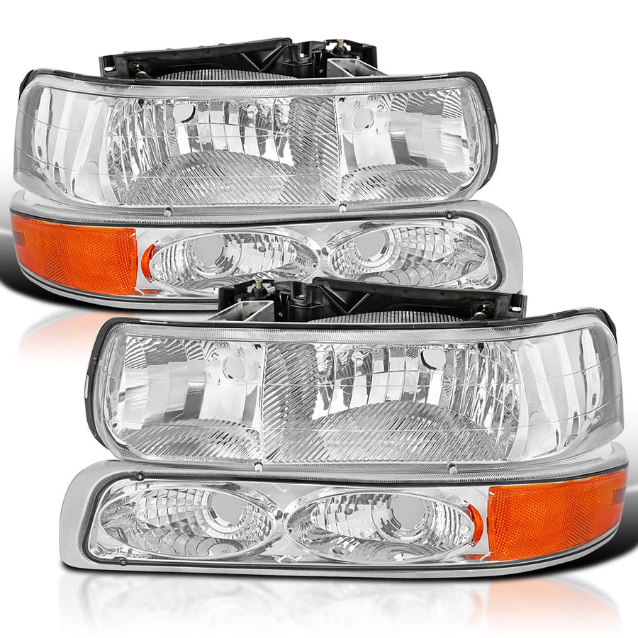 Chrome Headlights + Bumper Lights SPEC-D TUNING Compatible with 1999-2002 Chevy Silverado 2000-2006 Tahoe Suburban, Left + Right Pair Headlamps Assembly