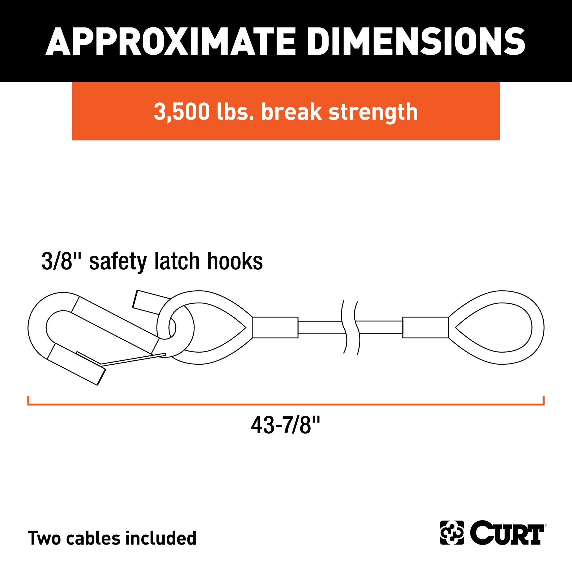 CURT 80136 Trailer Safety Cables, 43-7/8-Inch Vinyl-Coated, 3/8-In Snap Hooks, 2-Pack, 3,500 lbs Break Strength