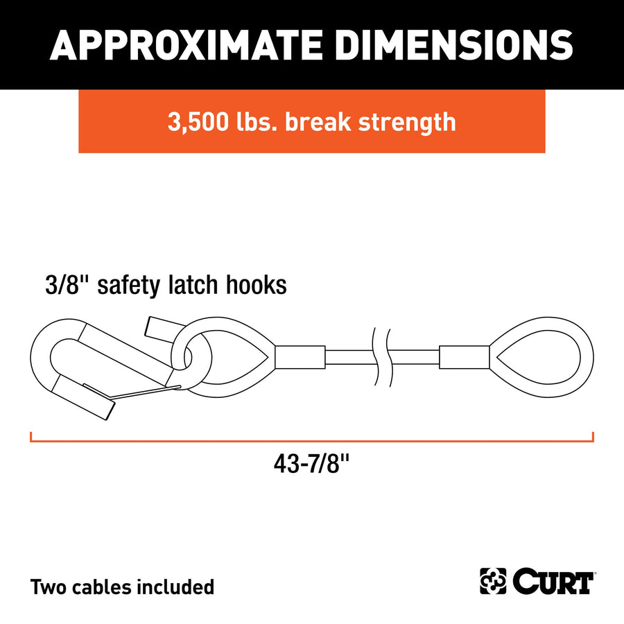 CURT 80136 Trailer Safety Cables, 43-7/8-Inch Vinyl-Coated, 3/8-In Snap Hooks, 2-Pack, 3,500 lbs Break Strength