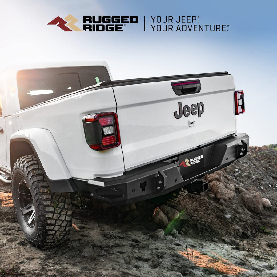 Rear Rugged Ridge HD Bumper for Jeep Gladiator JT | Full-Width, Steel, Black | 11540.37 | Fits 2020-2025 Jeep Gladiator JT