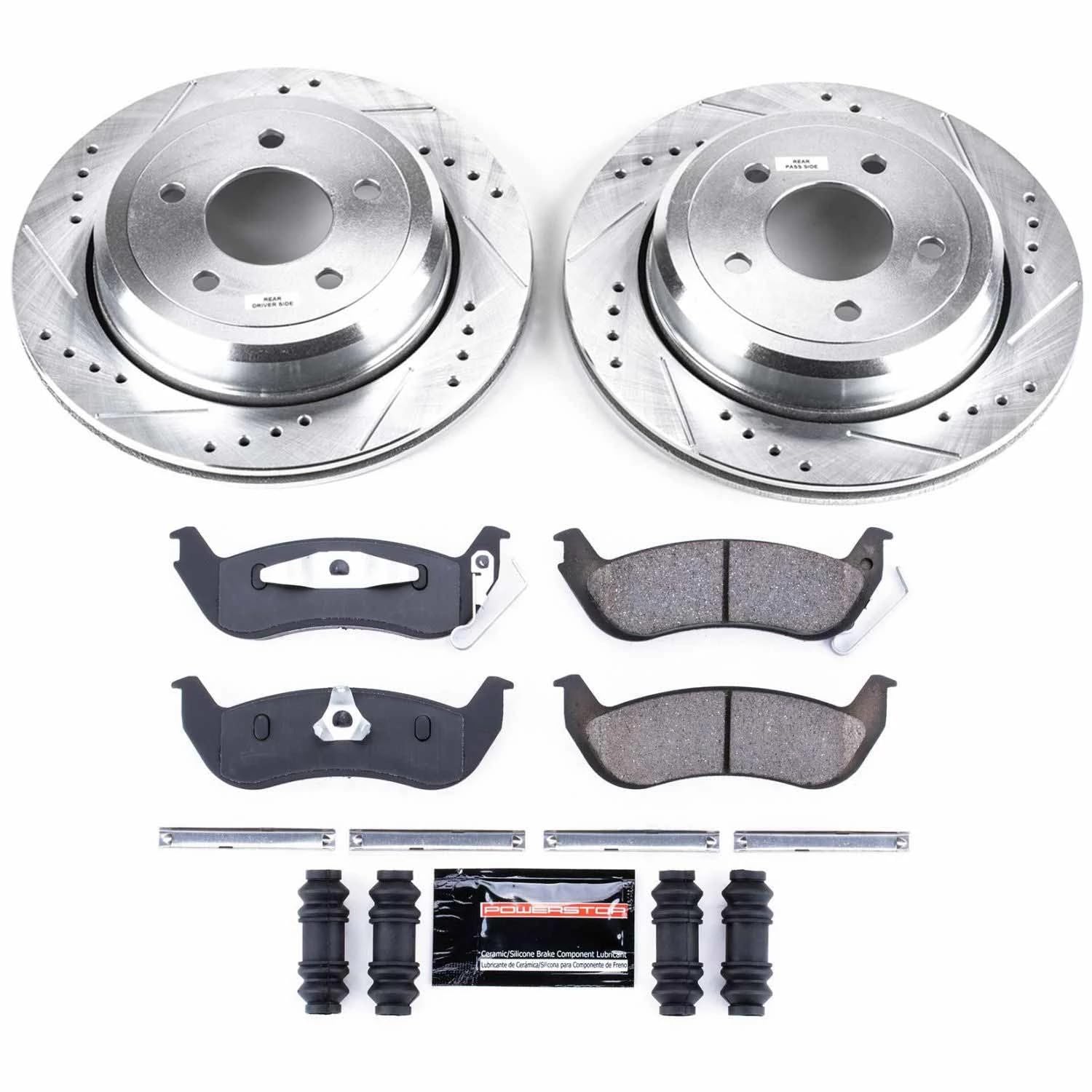 Power Stop K1368 Z23 Carbon Fiber Brake Pads Rear with Drilled & Slotted Brake Rotors Kit For Ford Crown Victoria, Mercury Grand Marquis, Mercury Marauder [Model Specific]