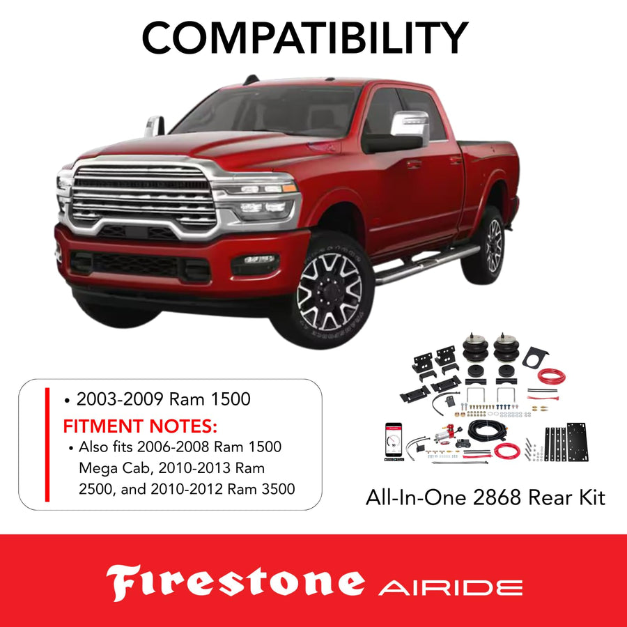 Firestone All-In-One Airide 2868 Wireless Rear Air Spring Kit fits 2003-2013 Ram 2500/3500 | Load Leveling Design | 5,000 lbs Load Capacity | 5-100 PSI | Easy Installation