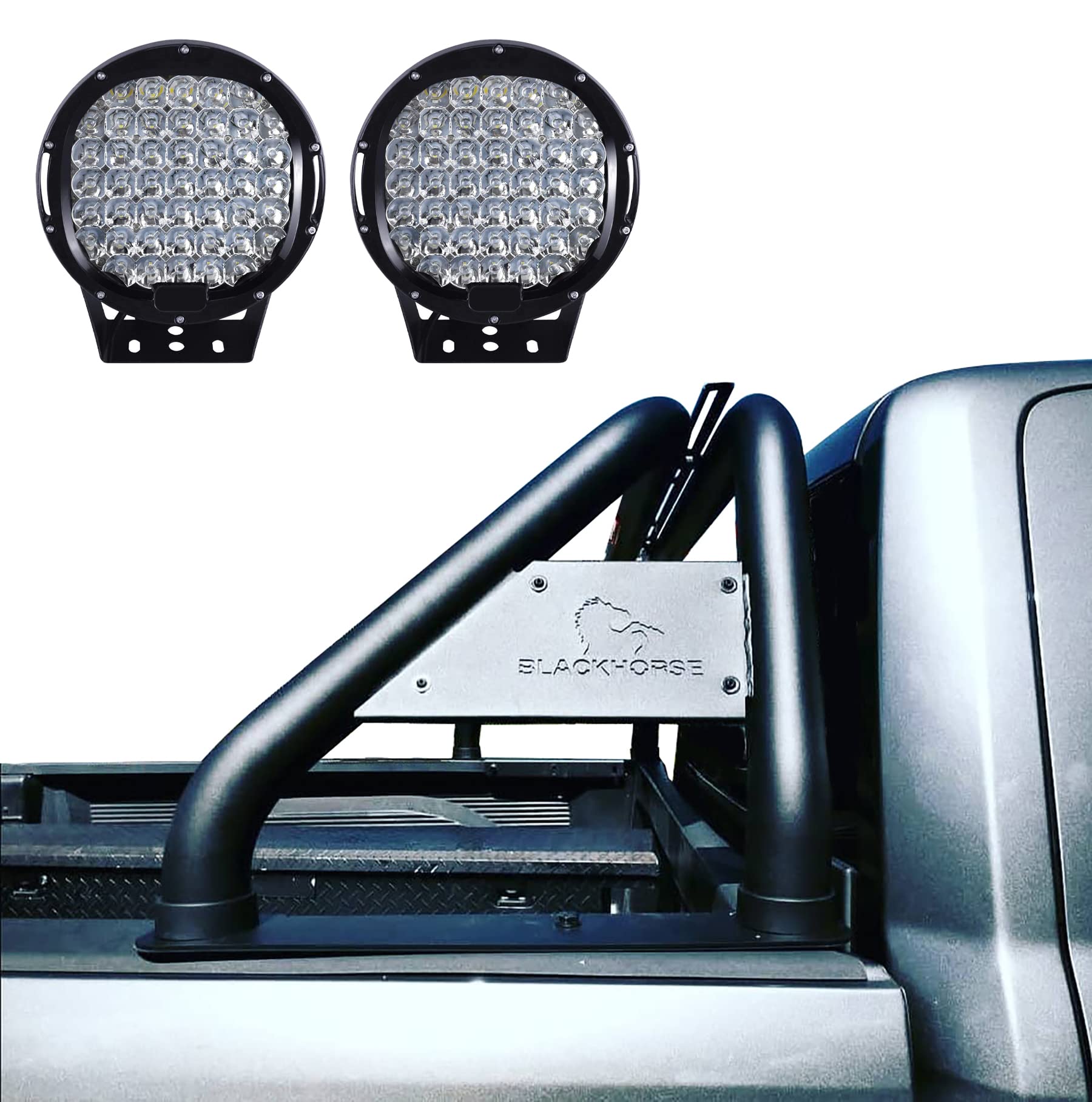 Black Classic Horse Roll Bar Incl.Set of 9 Black Round LED Light Compatible with 1999-2024 Ford F-250 Super Duty|1999-2024 Ford F-350 Super Duty|1999-2024 Ford F-450 Super Duty-RB015BK-PL69B