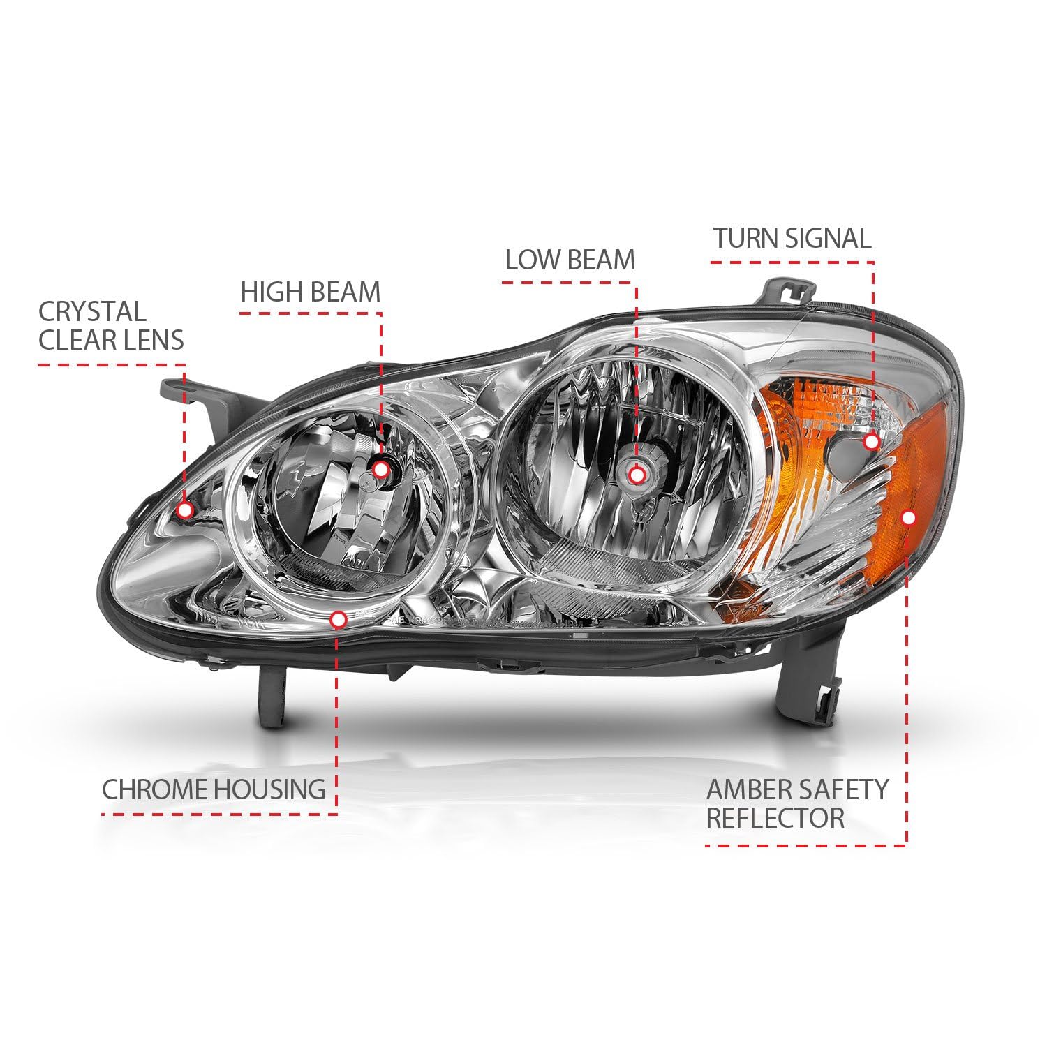 Chrome Amber ANZO Compatible Replacement Headlight for Toyota Corolla Crystal (121540) 2005-2008