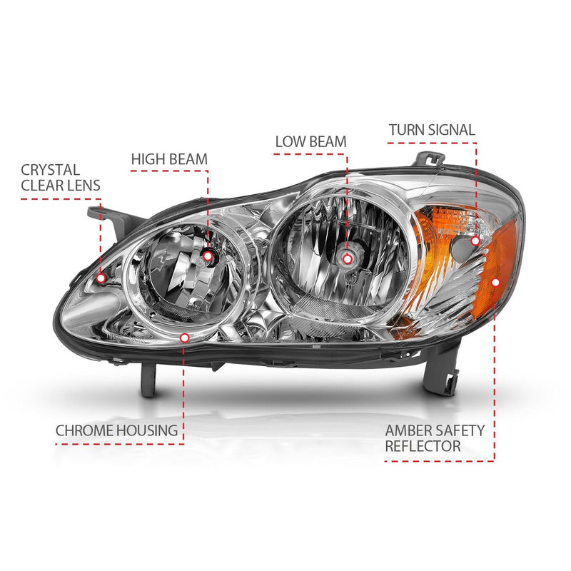 Chrome Amber ANZO Compatible Replacement Headlight for Toyota Corolla Crystal (121540) 2005-2008